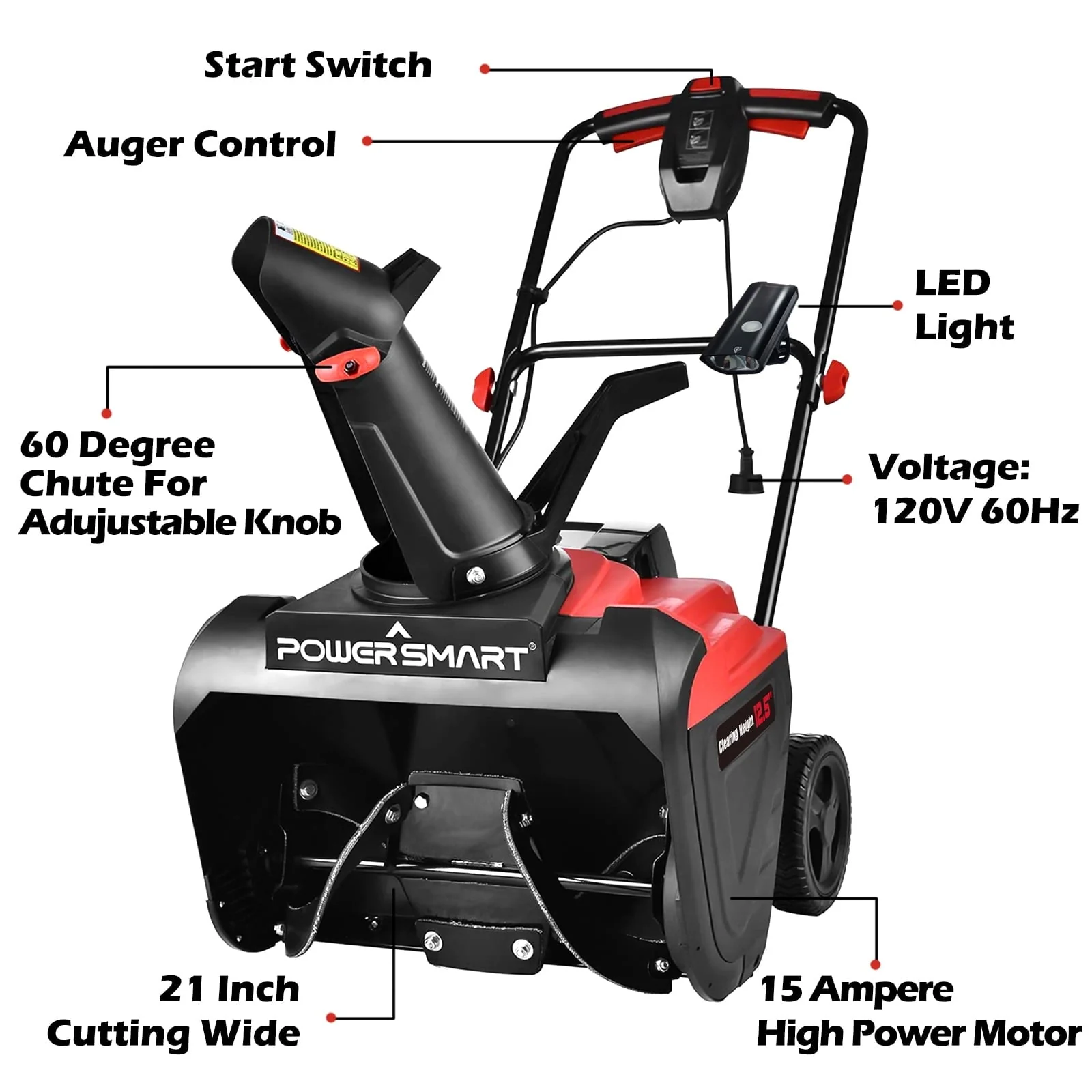 PowerSmart Electric Snow Blower, 21 inch 15 Amp Corded Single Stage Snow thrower with Rechargeable LED Light, DB5021LW Image 5