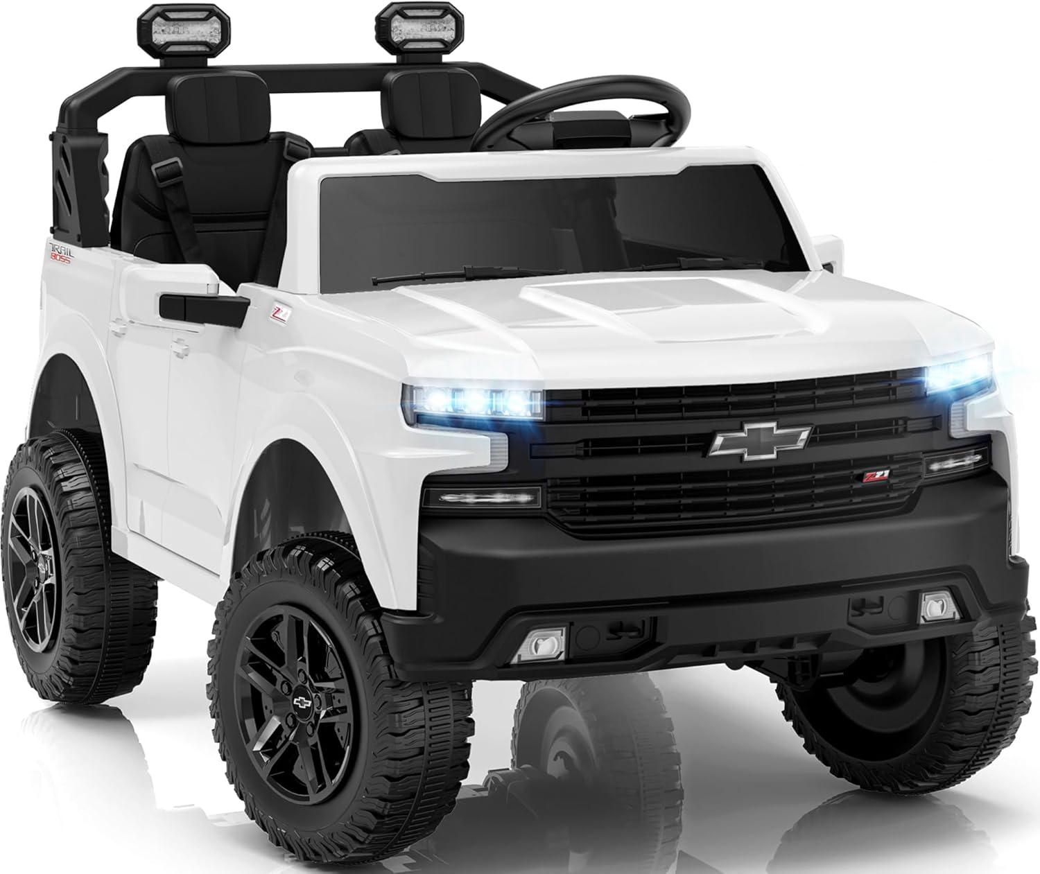 First Ride On 24V 2 Seater Ride on Car for Kids  Licensed Chevrolet Silverado Electric Car for Kids with Remote Control  Toddler Car with Bluetooth  LED Lights  Seat Belts and Spacious Design (White)
