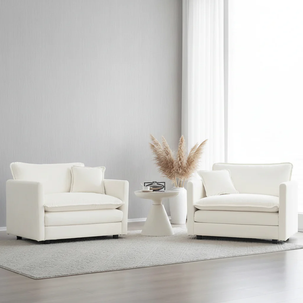 Set of 2 High-End Chenille Upholstered Accent Chairs with Toss Pillows - White Living Room Armchairs
