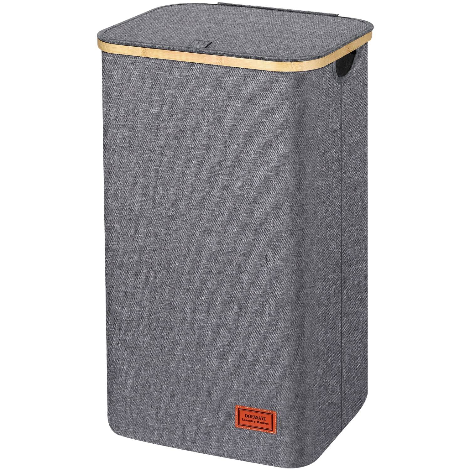 DOFASAYI Laundry Hamper with Lid - 110L XL- Large Laundry Basket with Bamboo Handles, Portable Clothes Hamper for Dorm Room, Bathroom, Bedroom, Grey