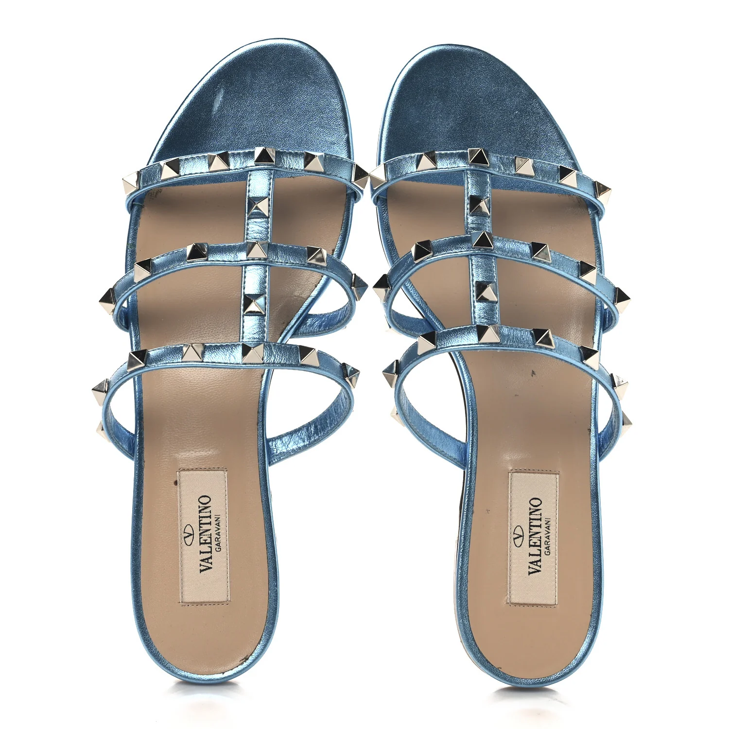 Metallic Nappa Rockstud Caged Flat Slide Sandals 37 Cerulean