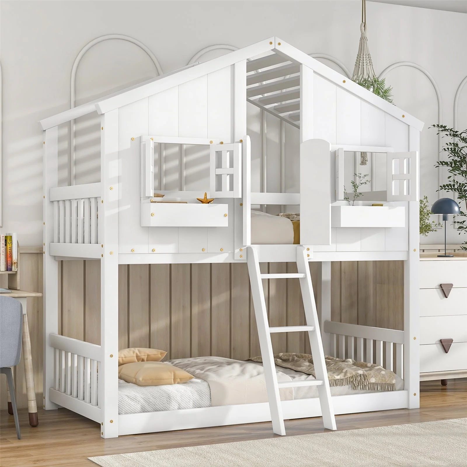 Twin Over Twin House Bunk Bed with Roof/Window/Window Box/Door Designs, Wooden Floor Bunk Bed Frame with Safety Guardrails and Ladder for Kids Boys Girls, White