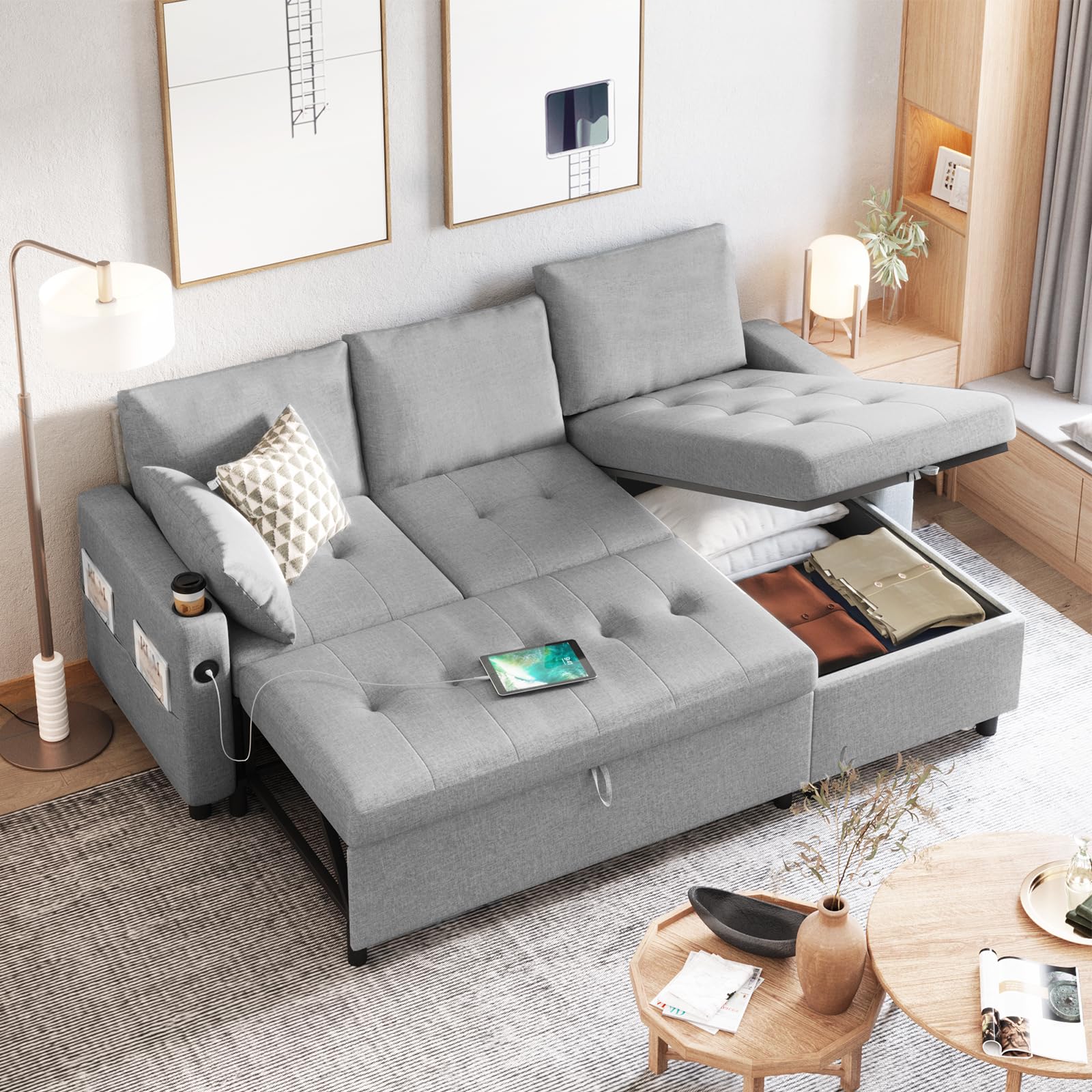 AECOJOY Sleeper Sofa Couch with Pullout Bed, Linen Fabric, Gray