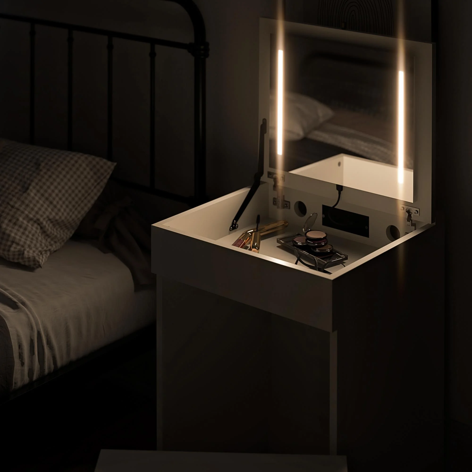 Compact 3-in-1 Vanity Set, Makeup Storage Desk Stool, Mirror w/ LED lights USB Charging Station, White - Image 6