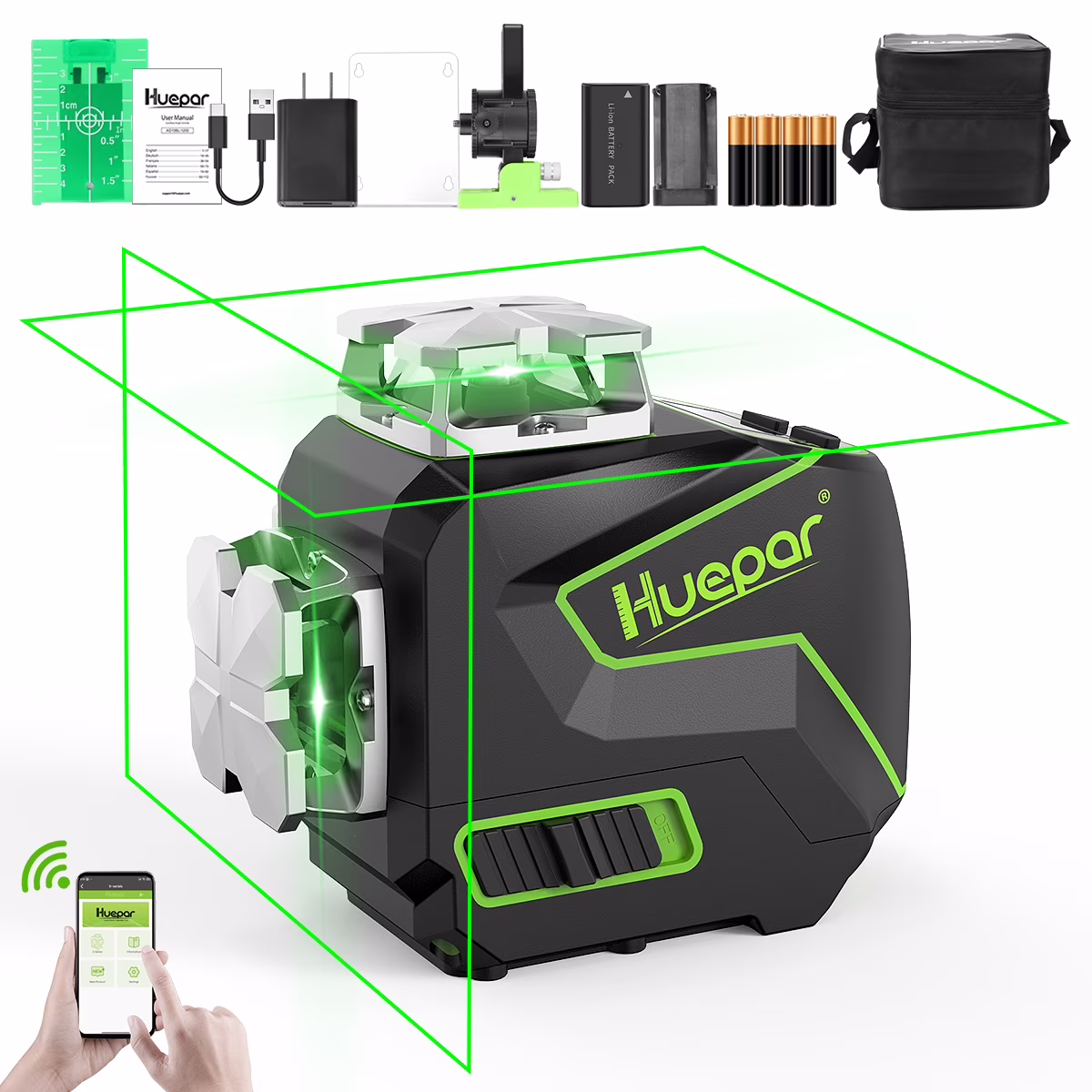 4D 16 Lines Self-Leveling Laser Level, 200Ft Green Beam 4 x 360° Cross Line Laser Level Tools with LCD Screen, Bluetooth and Magnetic Bracket