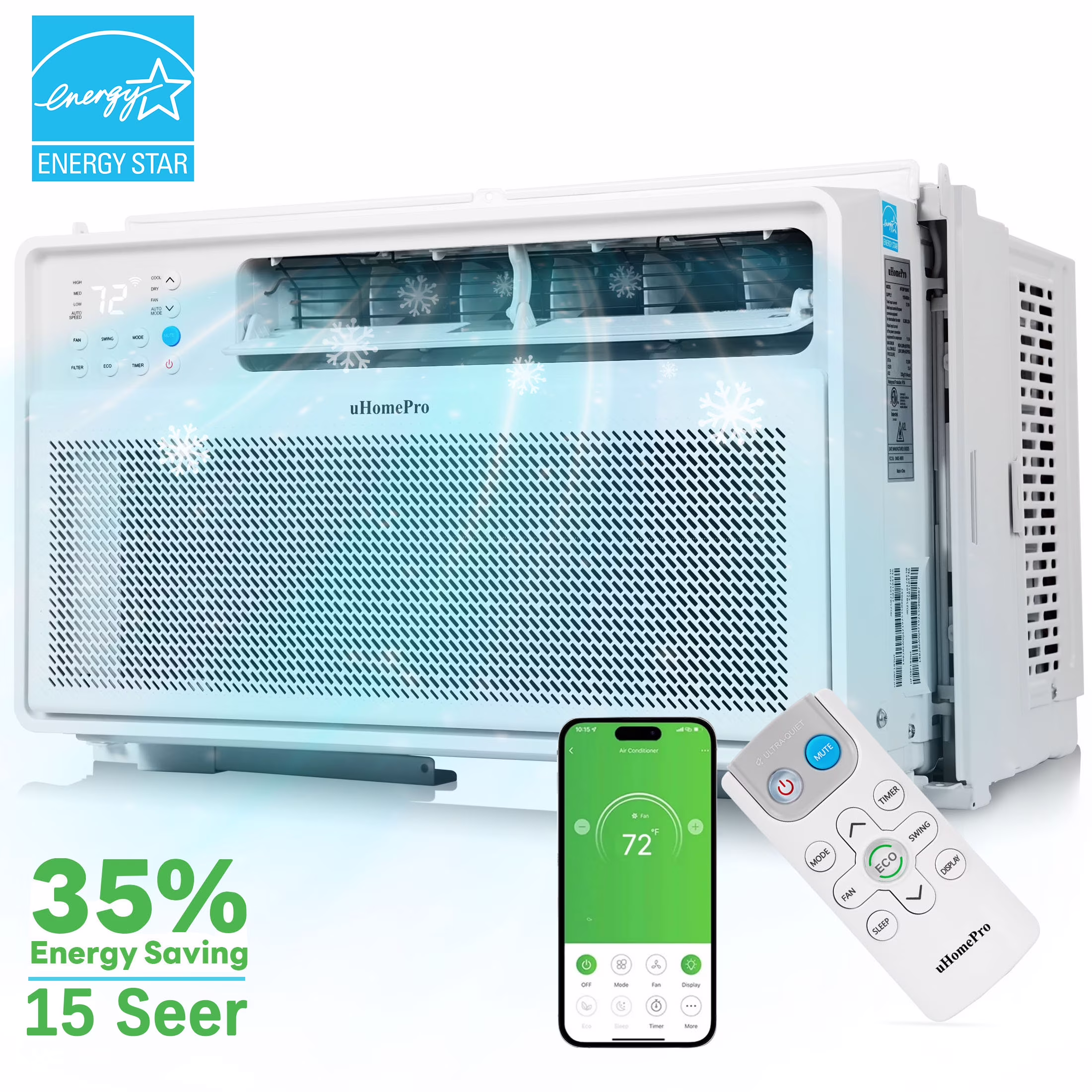 8000 BTU Window Air Conditioner, 15-CEER Energy Efficient Window Air Conditioners, 35% Energy Saving, 42dB Super Quiet, Smart Inverter AC Window Unit, Fast Cooling, Easy Install(350 sq ft)