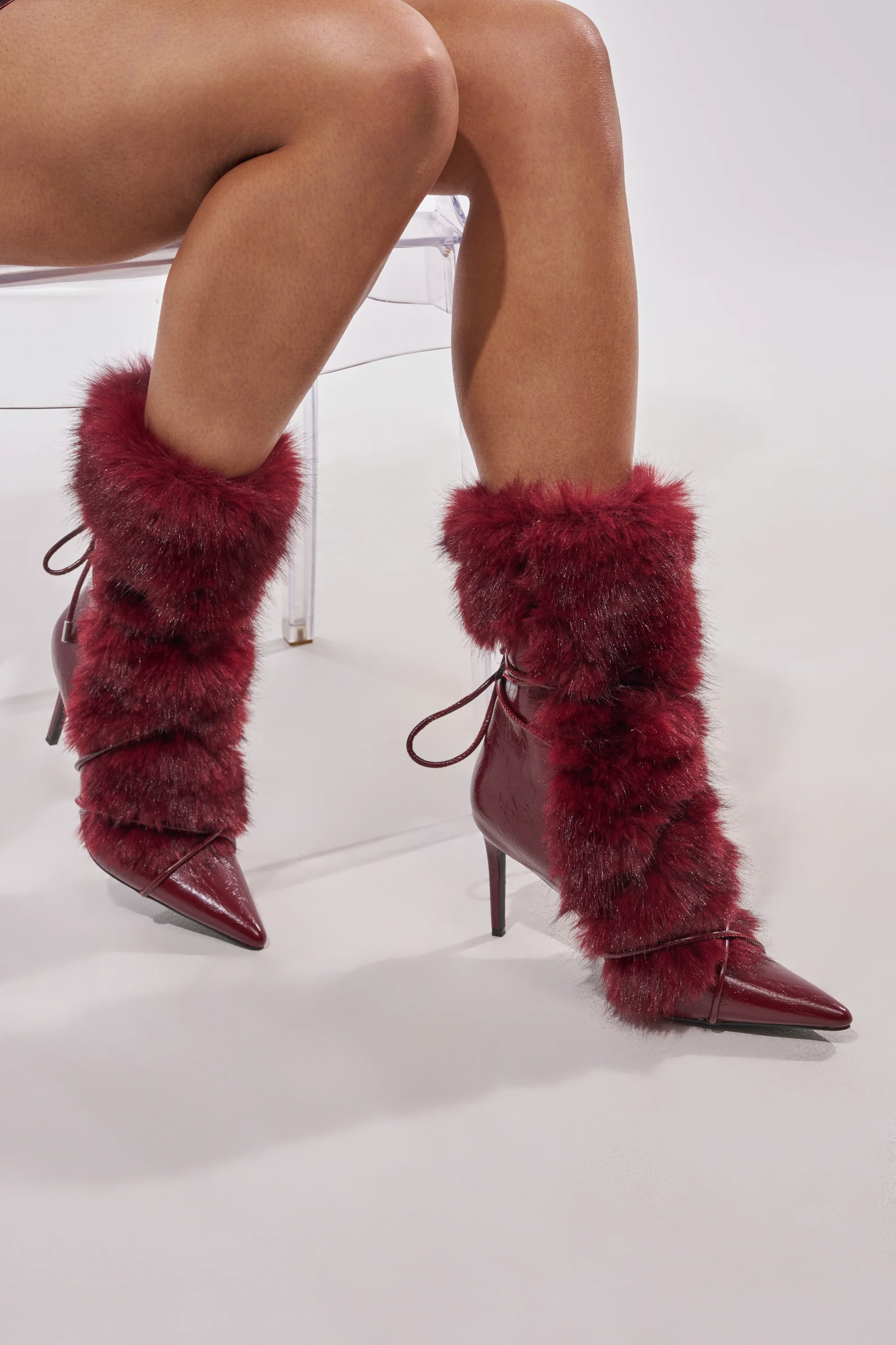 AZALEA WANG MAHTAMA BURGUNDY FUR STILETTO BOOTIE - Akira Store