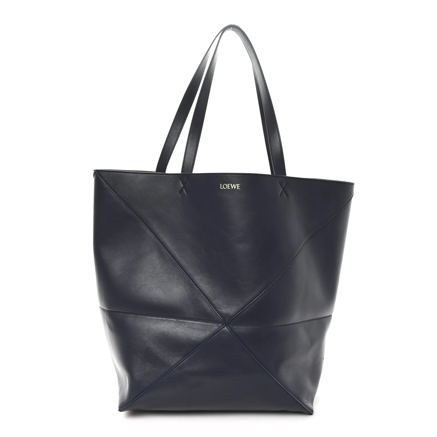 Shiny Calfskin Large Puzzle Fold Tote Abyss Blue