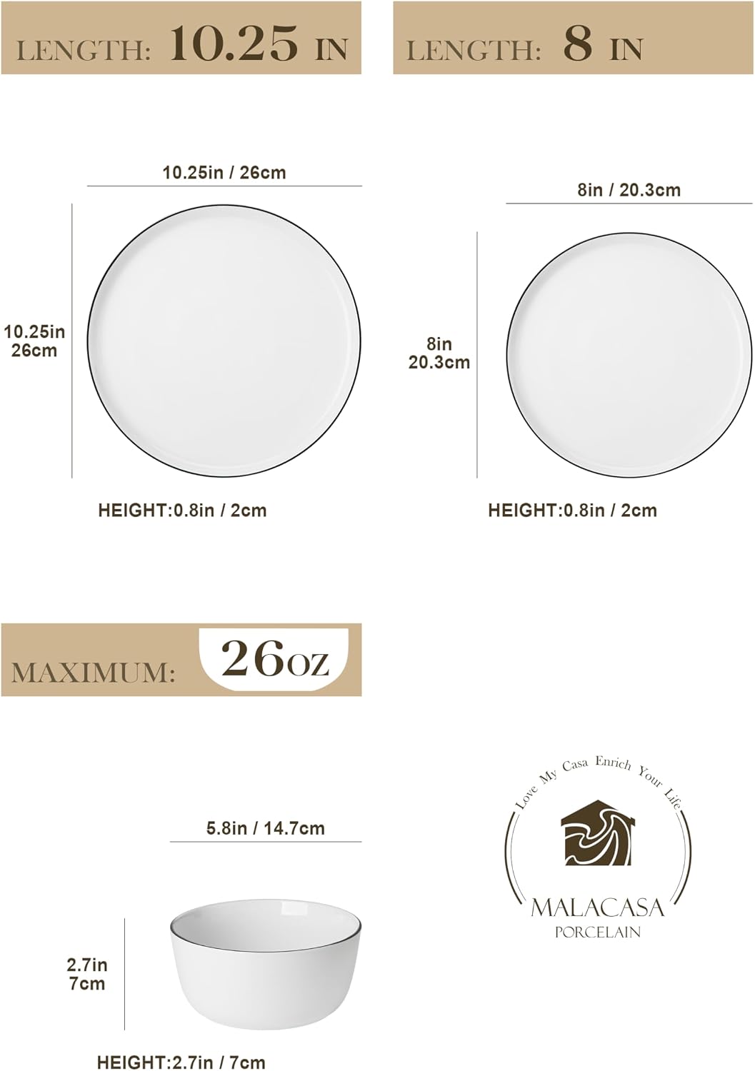 MALACASA 24-Piece Dinnerware Set for 8, White Black-Rim Porcelain Dishes