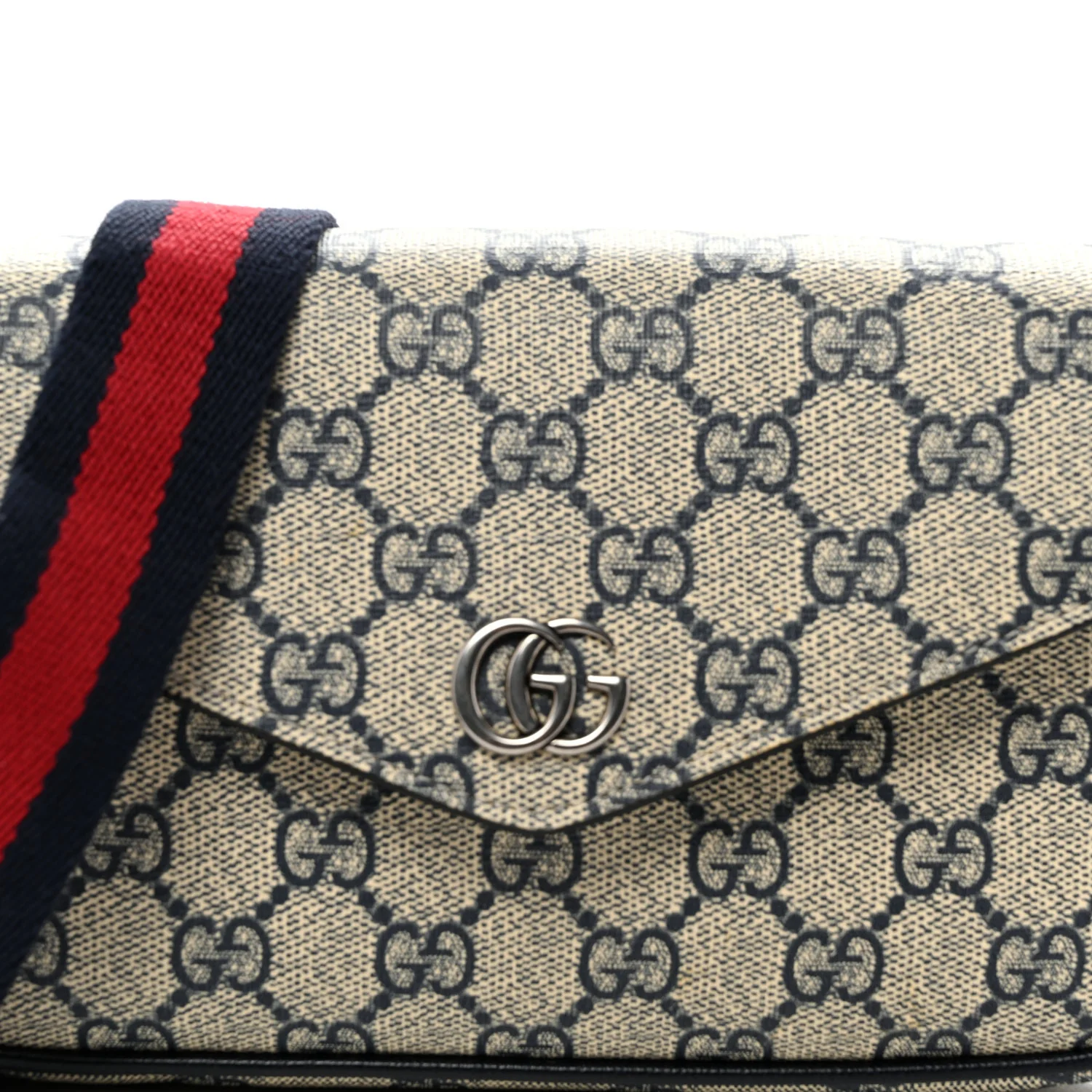 GG Supreme Monogram Textured Dollar Calfskin Web Mini Ophidia Envelope Shoulder Bag Beige Blue