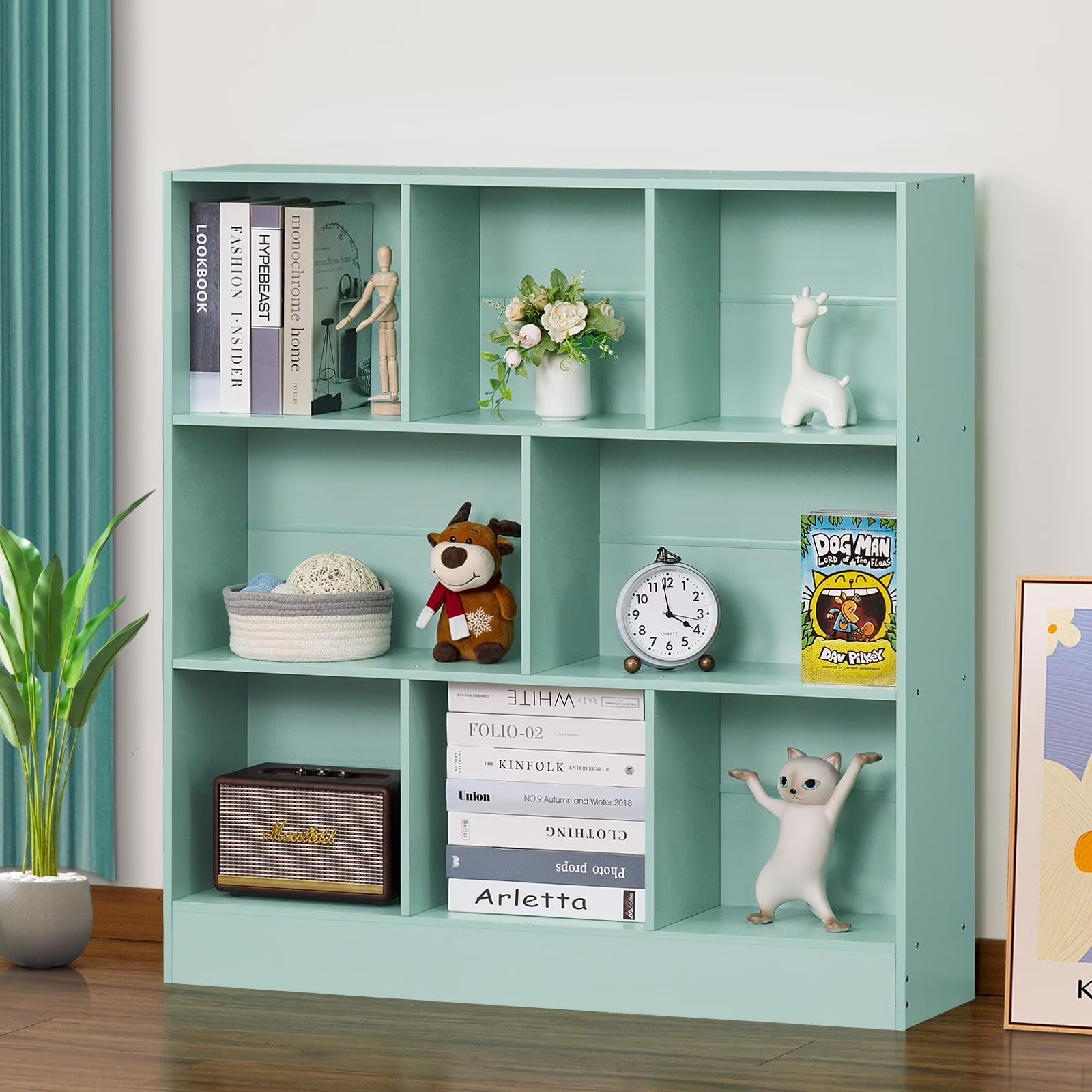 8 Cube Bookshelf with Base, 3 Tier Modern Mint - Green Bookcase, Standing Wide Bookshelves Storage Organizer Toy Shelf, Wood Display Children'S Book Shelves for Bedroom, Living Room, Nursery