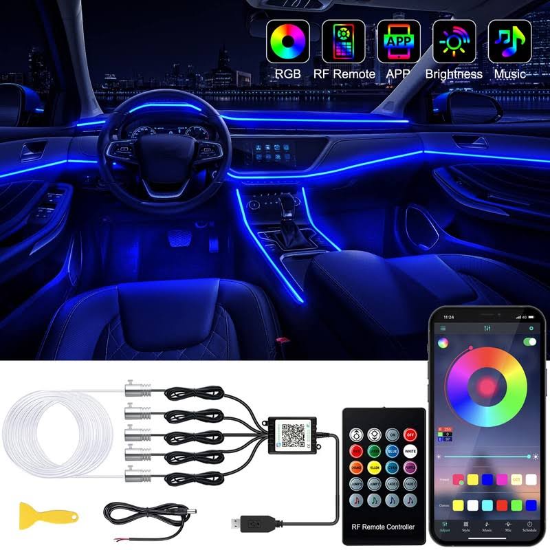 Jushope Interior Car LED Strip Lights with Wireless App and Remote Control, RGB 5 in 1 Ambient Lighting Kits with 236 Inches Fiber Optic, 16 Million