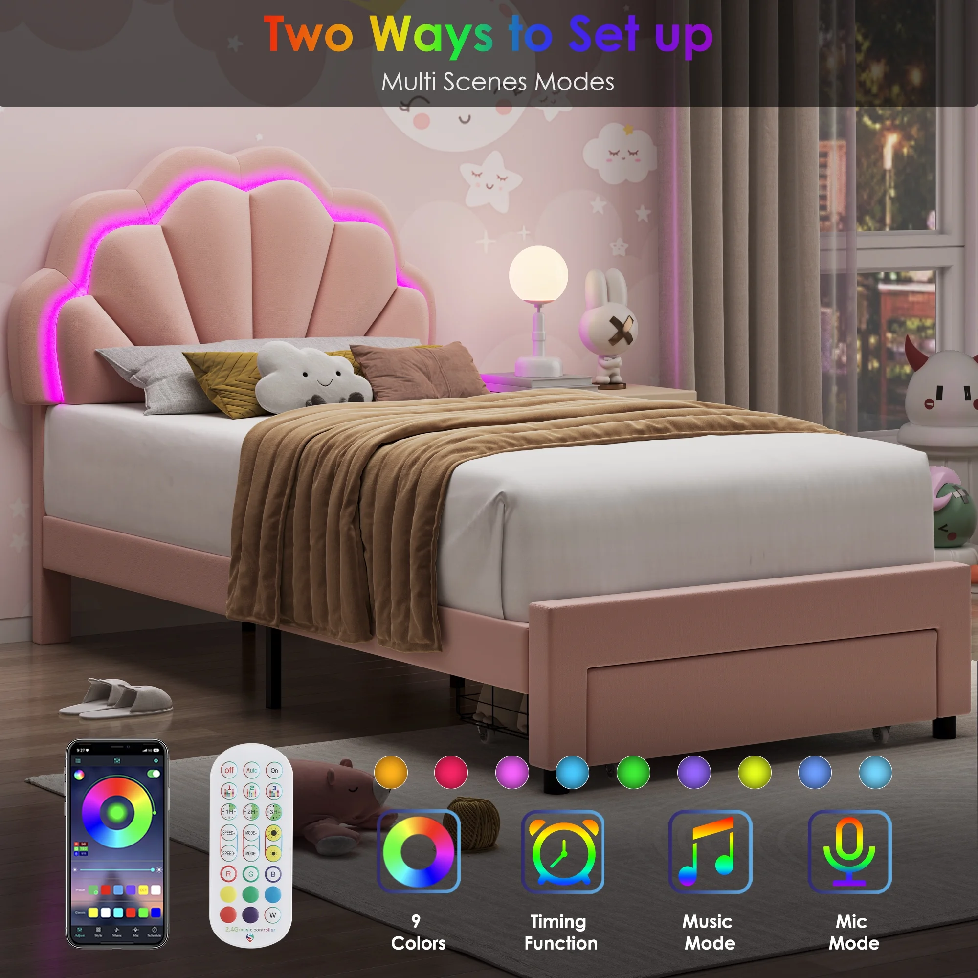 Twin Bed Frame with Storage LED Light, Velvet Upholstered Platform Twin Bed with Adjustable Petal Headboard, Beige(Twin/Beige) - Image 9