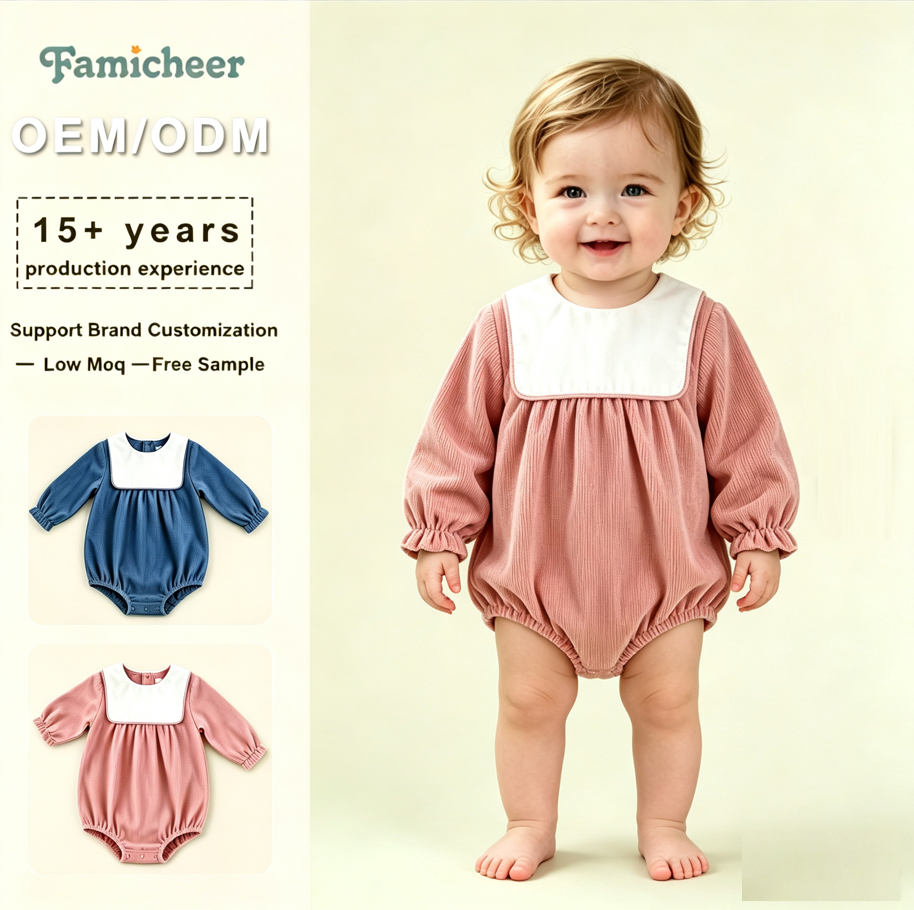 Luxury Boutique Selection Soft Ribbed Cotton Contrast Collar Long Sleeve Baby Girl Romper Bodysuit Birthday Party Photo Shoot