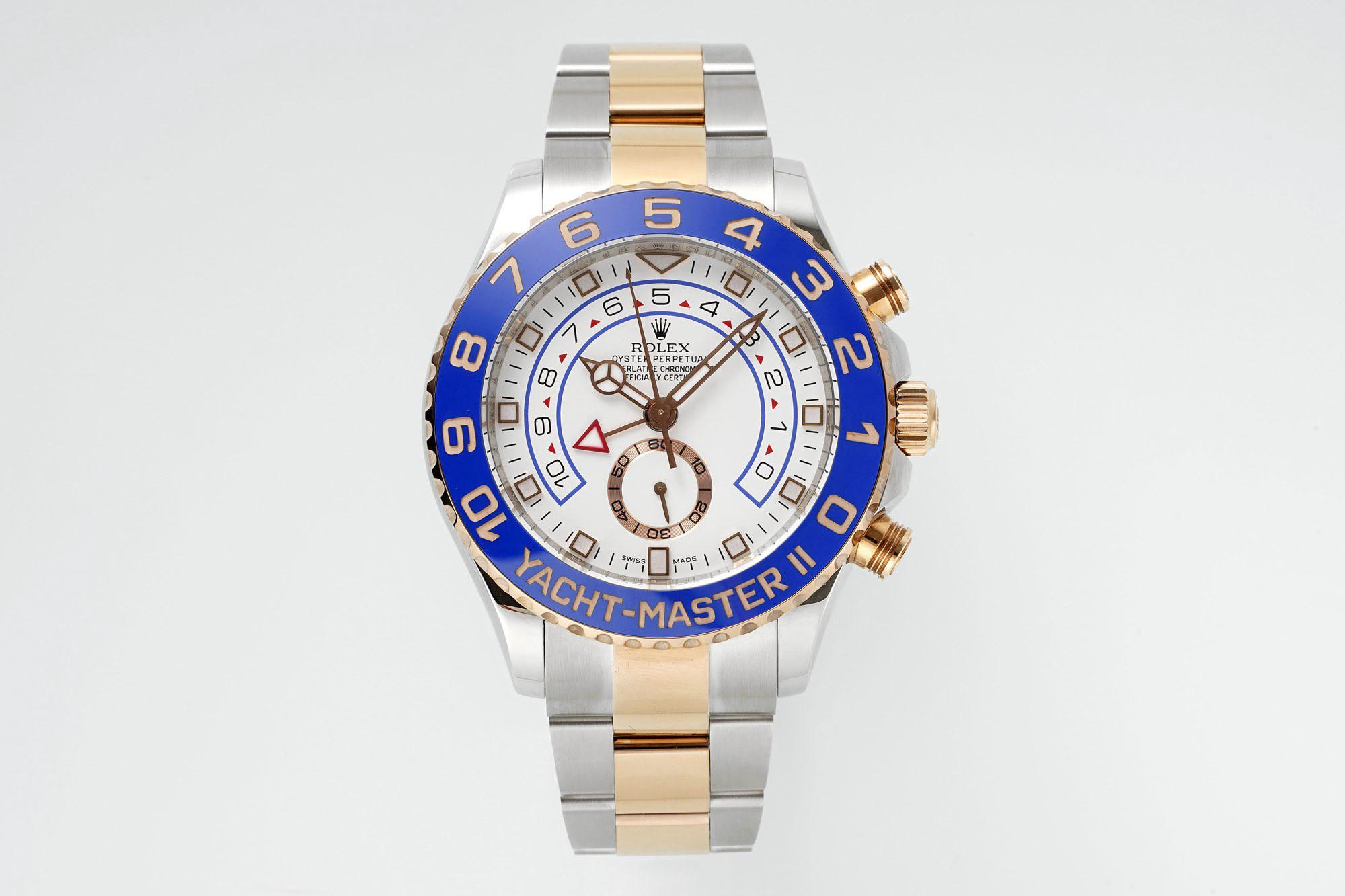 Top Swiss Rolex Yacht-Master II Rose Gold Steel White Dial Blue PSP250555