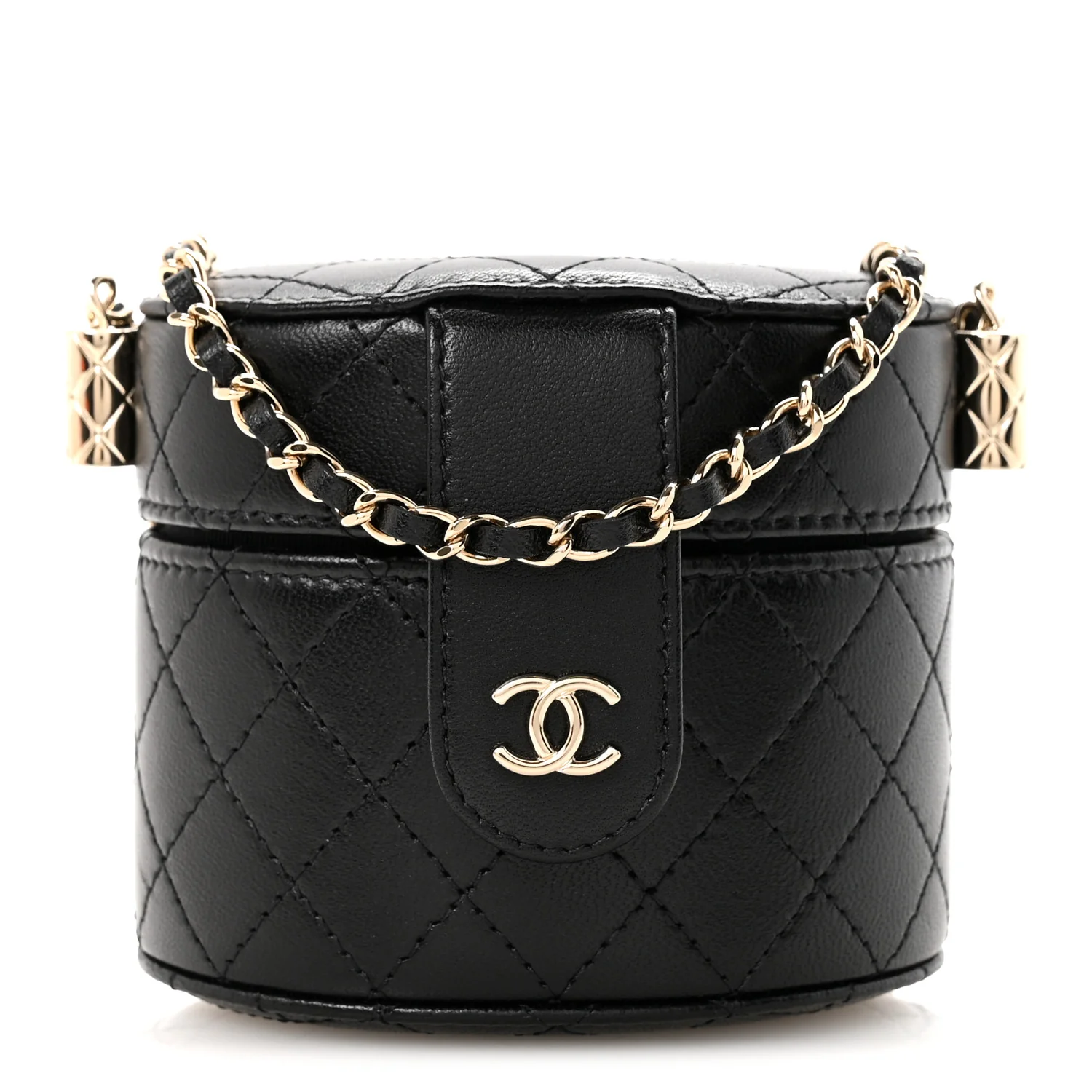 Lambskin Quilted Mini Round Vanity Case With Chain Black