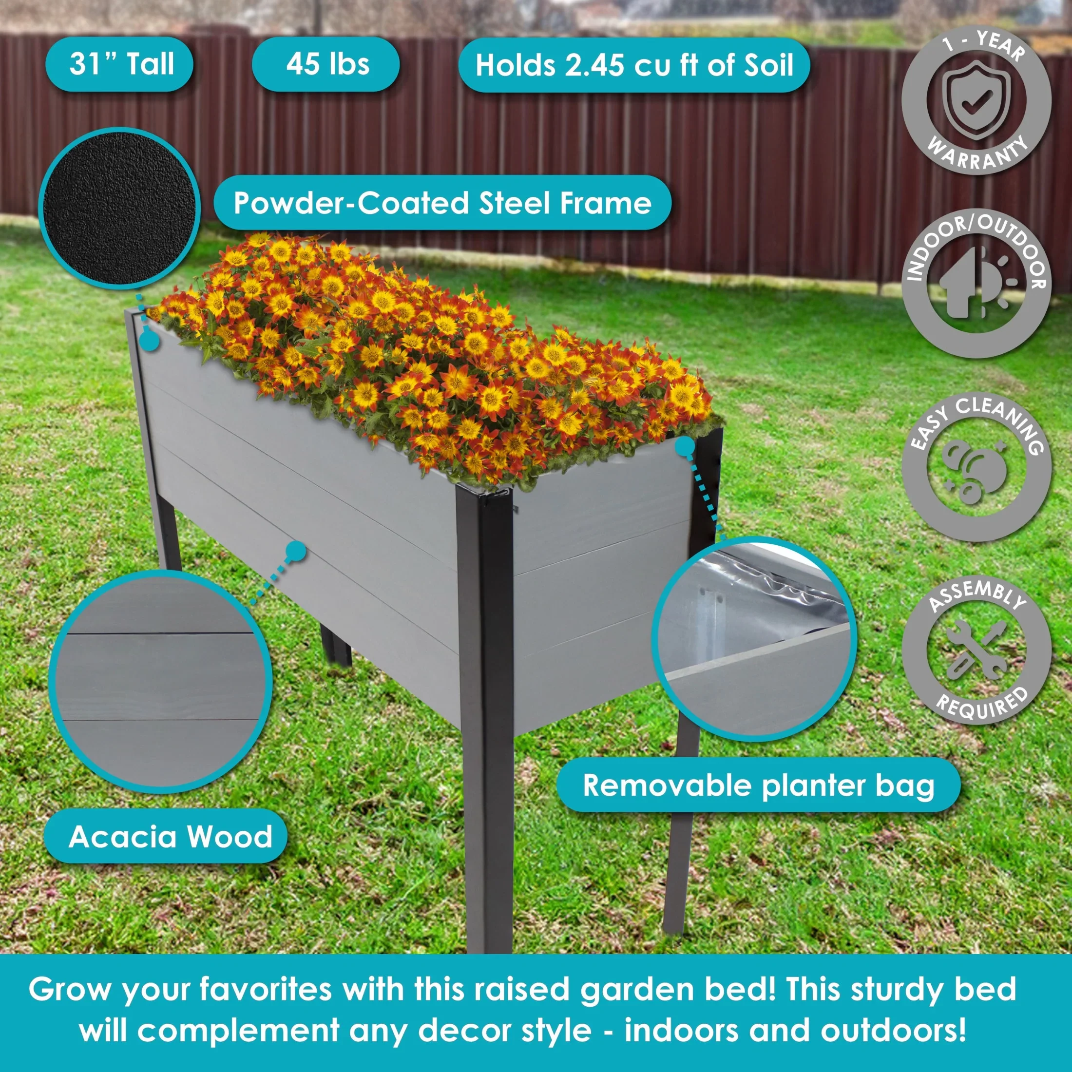 Sunnydaze 36.75 x 12.75 x 31 Brown Acacia Wood Rectangular Raised Garden Bed with Legs