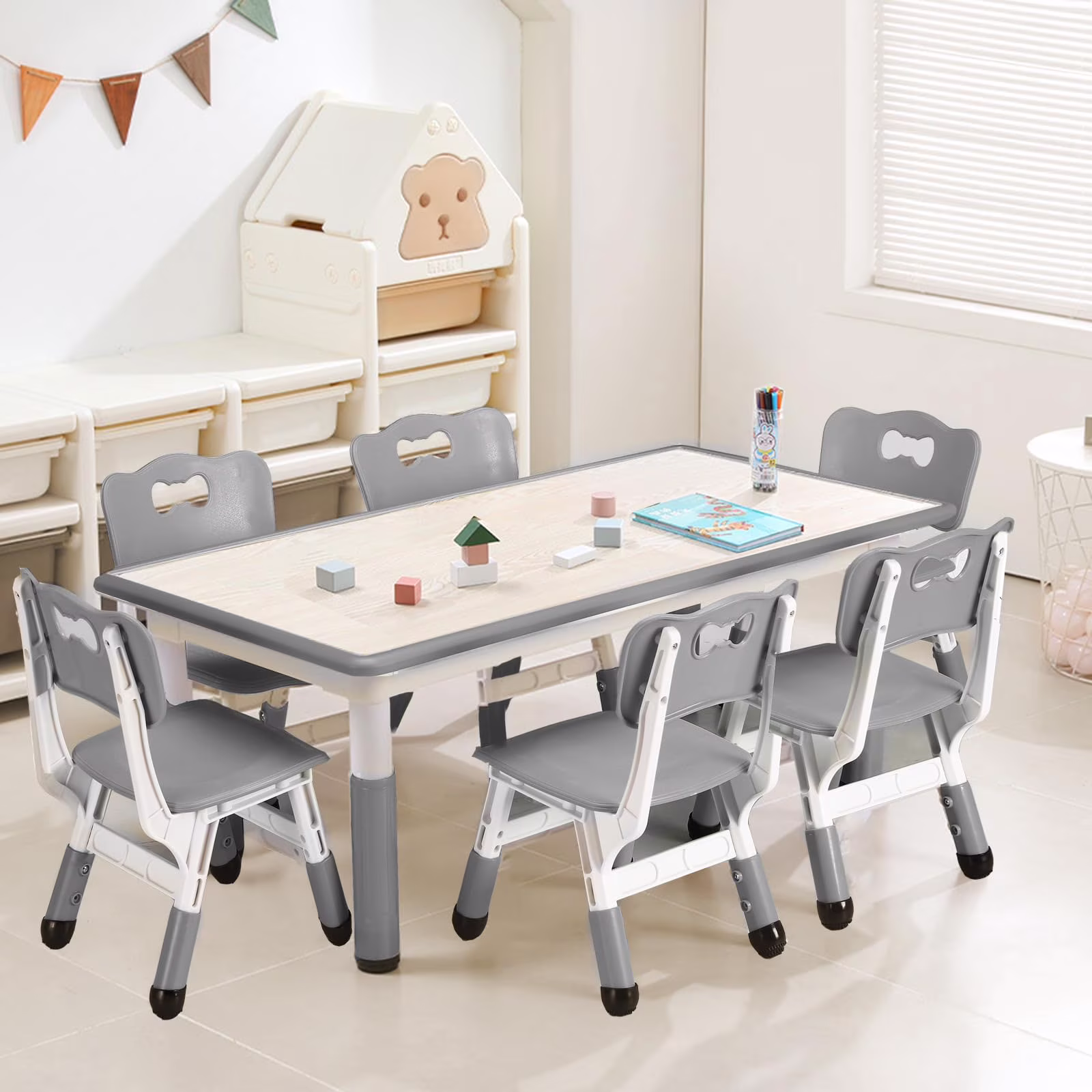Kids Table and Chairs,Height Adjustable Toddler Table and 6 Chair,Multi-Activity Table with Graffiti Desktop Non-Slip Legs for Ages 2-10,Children Activity Table for Daycare,Classroom,Blue(Blue) - Image 3