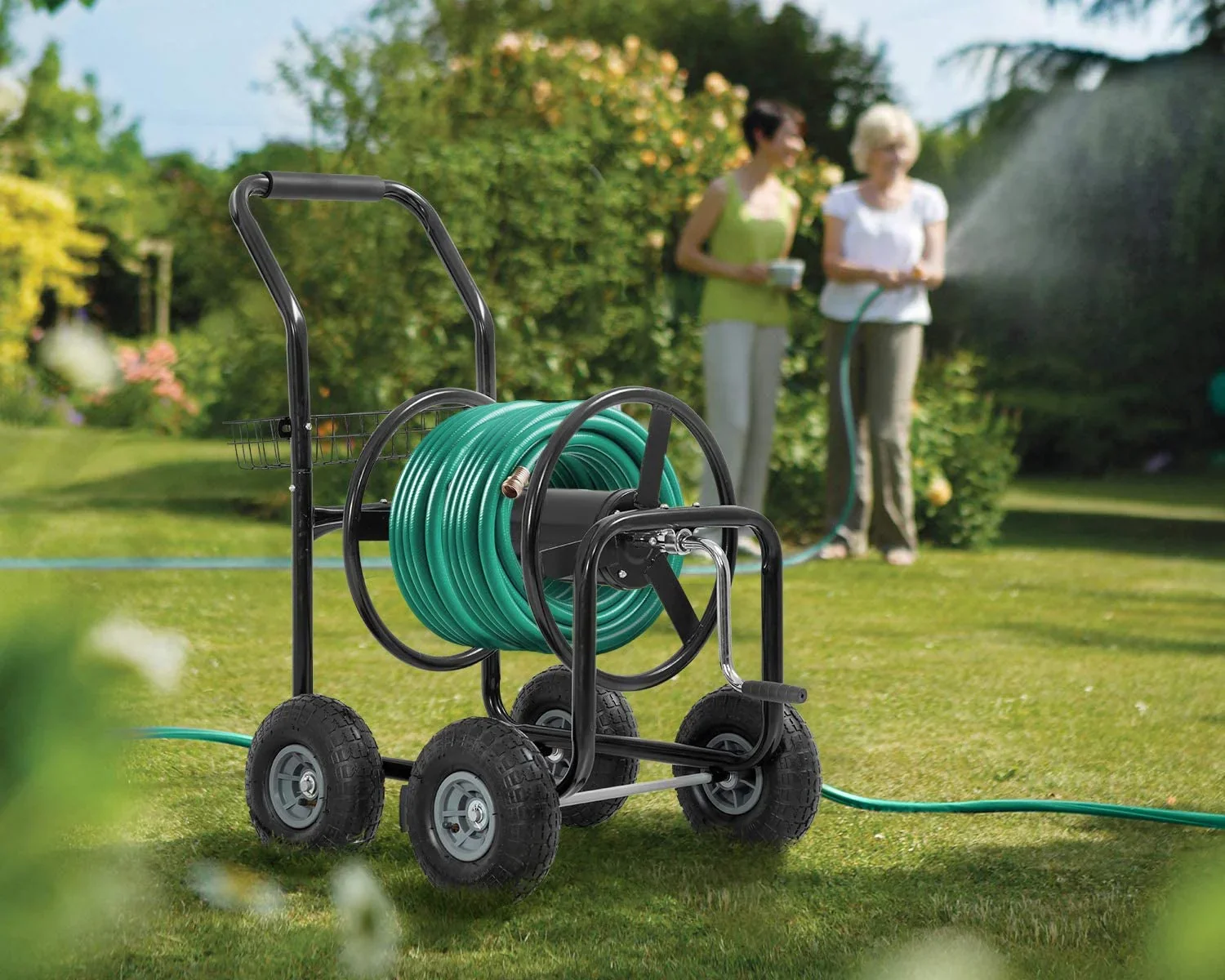 FDW Heavy-Duty Garden Hose Reel Cart w/ Basket