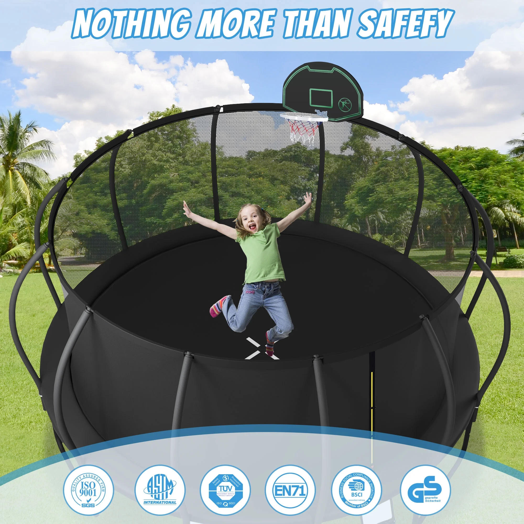 16FT Trampoline with Basketball Hoop for Kids and Adults Outdoor Trampoline with Ladder and Safety Enclosure Net Pumpkin Trampoline with Curved Poles Heavy Duty Recreational Trampoline 1500LBS(16'/Black) - Image 3