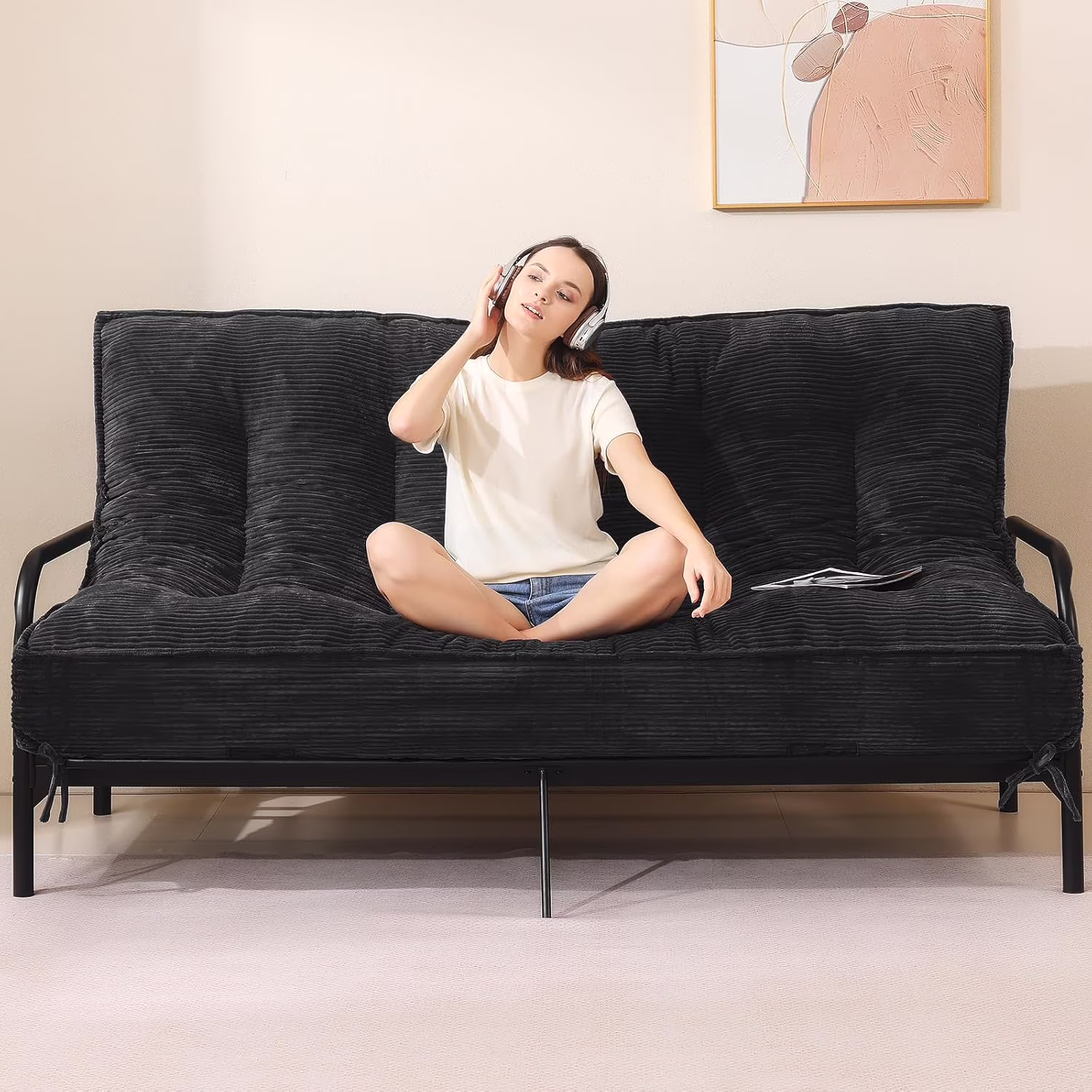8 Inch Futon Mattress Full Size, Extra Thick Futon Sofa Bed Upgraded Japanese Floor Mattress Floor Futons Mattress for Adults Foldable Japanese Futon Mattress 8", Black (Frame Not Included)(Black/Recessed Arms)