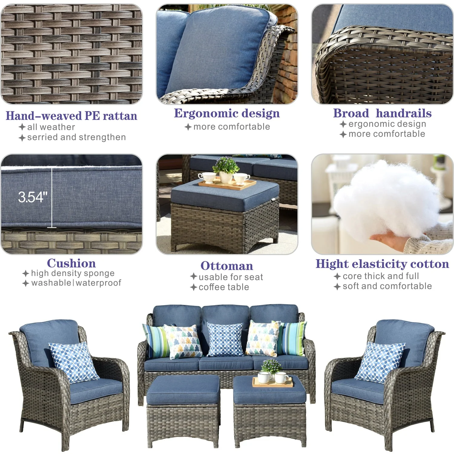Ovios 5 Pieces Patio Furniture Wicker Rattan Patio Set with High Back Comfort for Outdoors(Brown Wicker/Beige) Image 3
