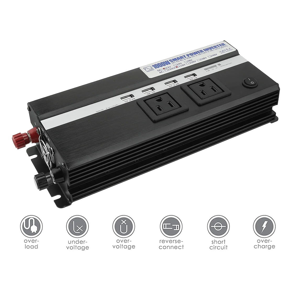 1000W Power Inverter 12V to 110VAC US Outlet 2.4A USB Port  Indicate Black