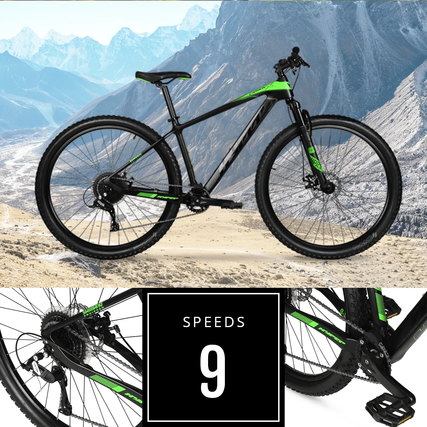 Hyper 29 Carbon Fiber Men's Mountain Bike, Black/Green
