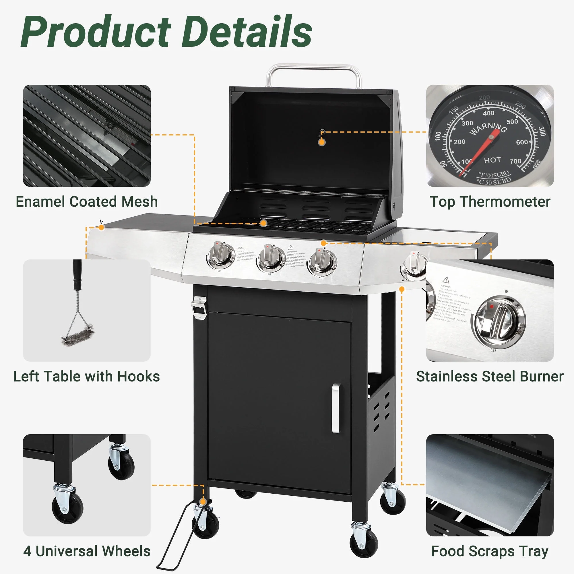 3 Burner Propane Gas Grill, 40,000BTU Stainless Steel BBQ Grill with Brush, Built-in Thermometer, 4 Universal Wheels for Outdoor Cooking Patio Backyard(40010) - Image 9