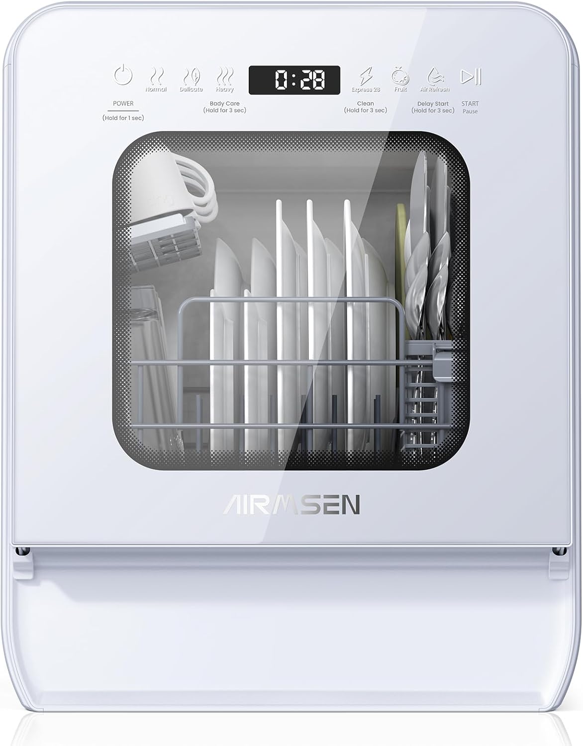 Lave-vaisselle de bureau portable, avec double étagère, réservoir d'eau intégré de 5 litres, 3 bras de lavage, départ différé 12 heures, sans branchement électrique, modèle blanc.