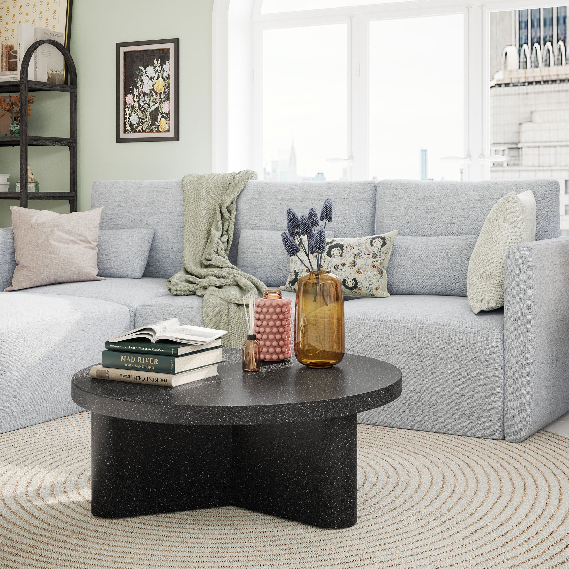 Beautiful Drew Modular Sectional Sofa with Ottoman, Gray Fabric(Gray) - Image 4