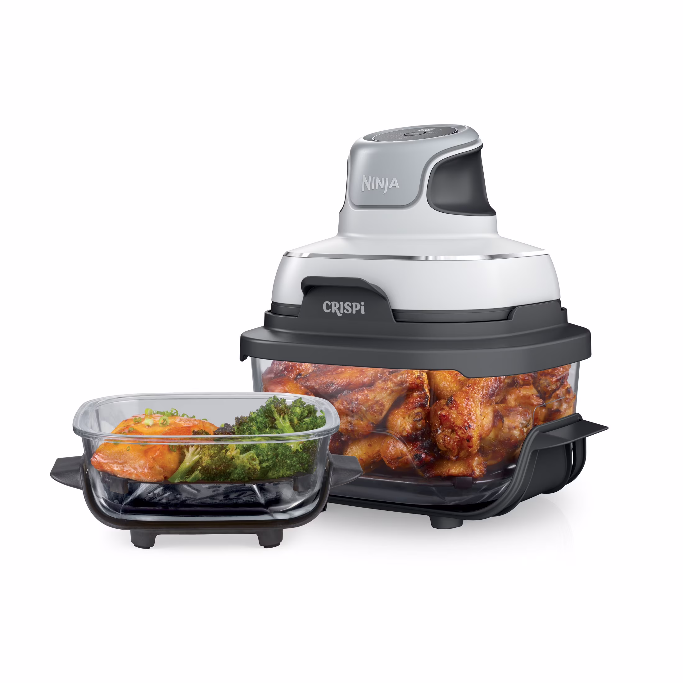 Crispi 3-in-1 Portable Glass Air Fryer Cooking System, 1500W, 4-Qt 5-Cup TempWare Glass Containers with Storage Lids, Microwave, Freezer Dishwasher Safe, White, FN100WH(White)