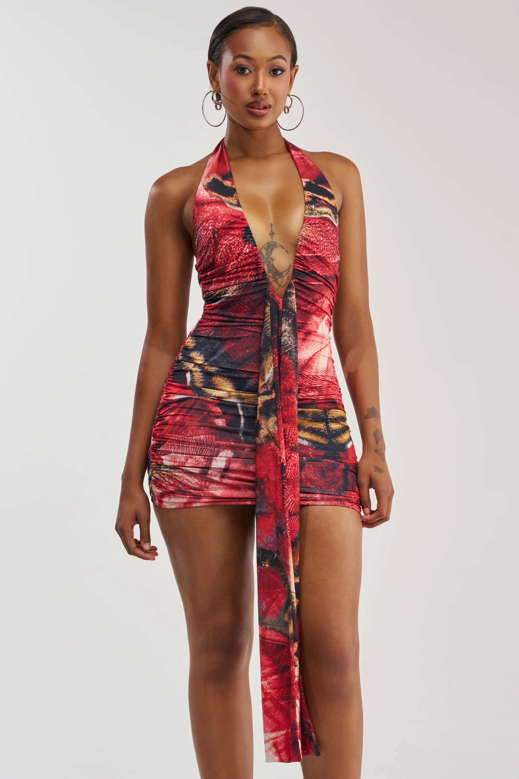 I DARE YOU PLUNGING MINI DRESS IN RED MULTI - Akira Store
