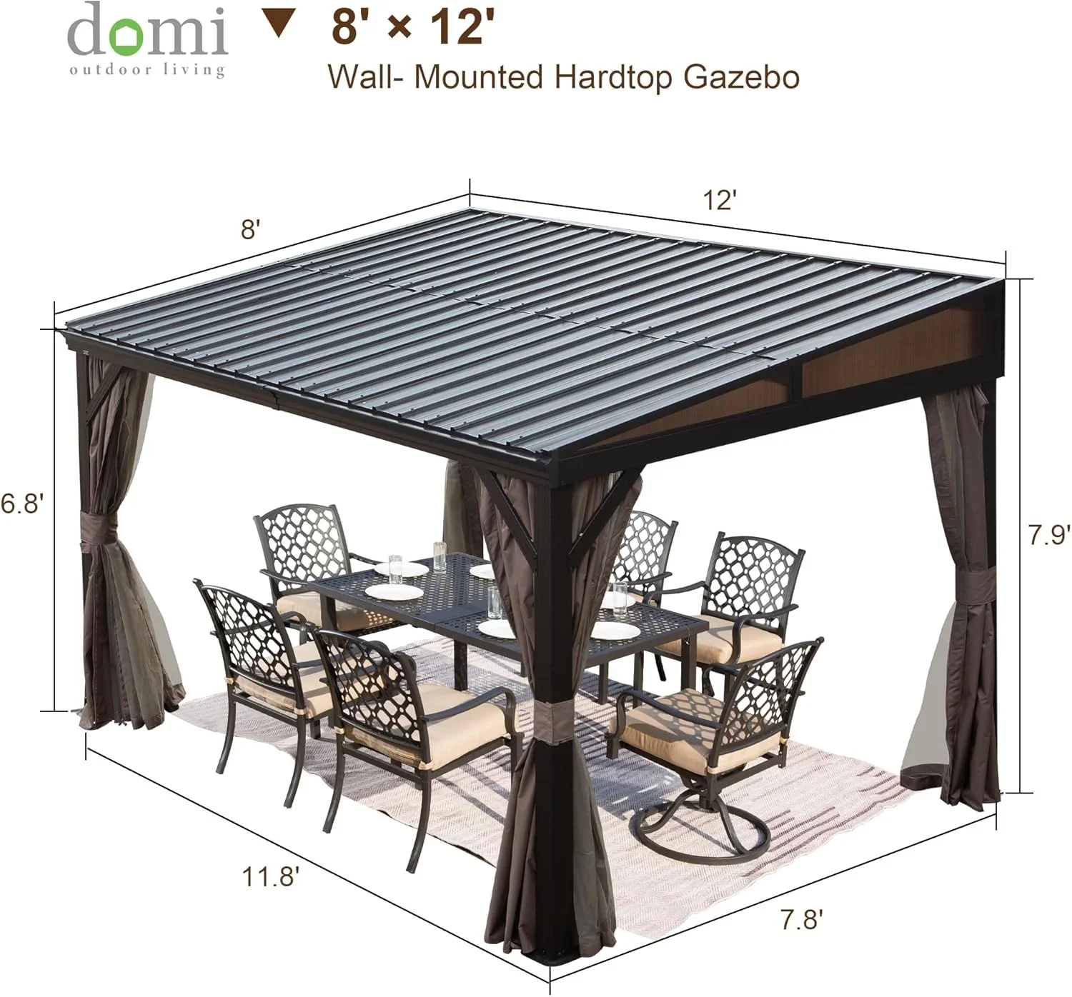 Domi Outdoor Living 10' x 12' Hardtop Lean-to Gazebo, Wall-Mounted with Galvanized Steel Roof Wall Pergola with Aluminum Frame, Curtains and Netting, for Patio, Deck, Garden, Backyard