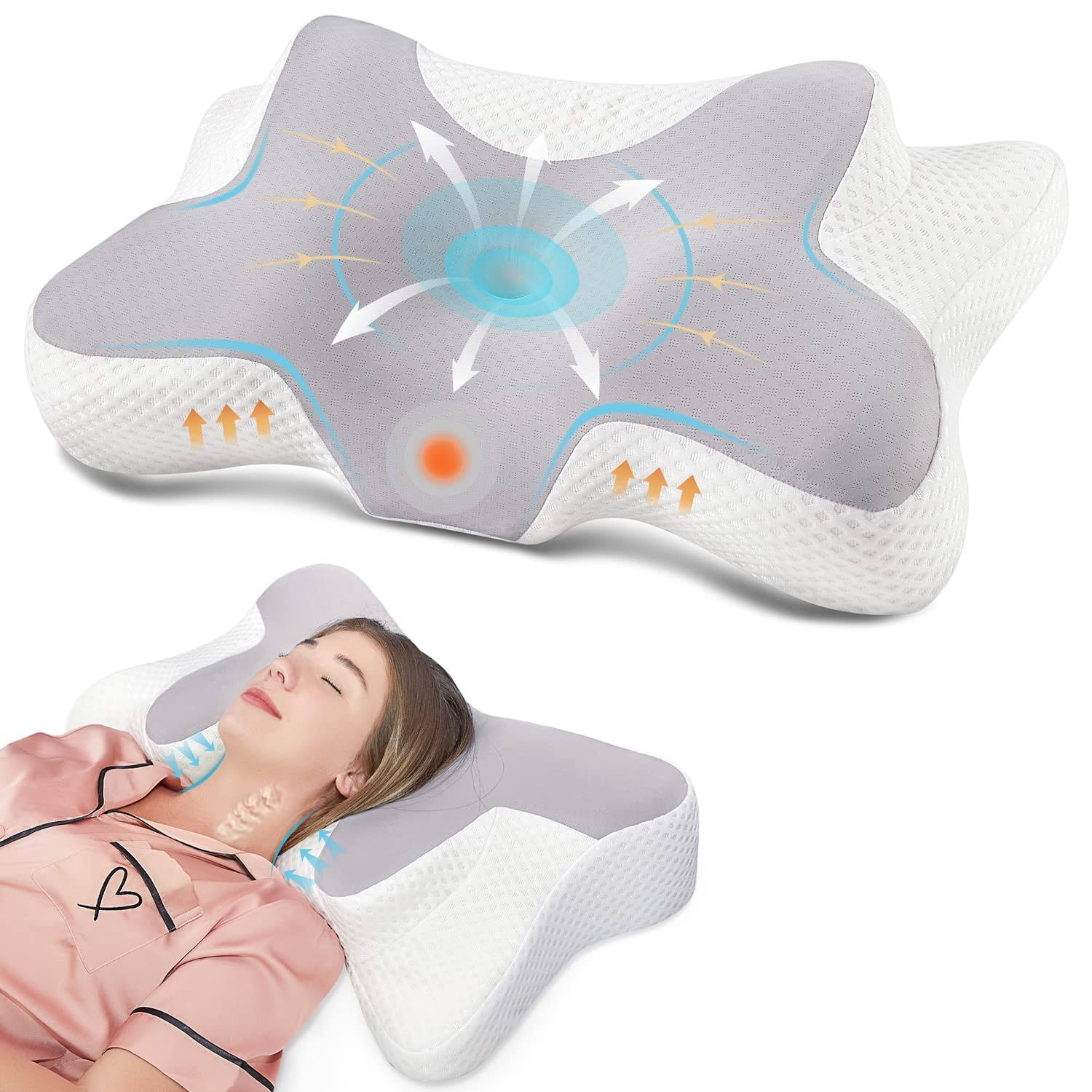 DONAMA Cervical Neck Pillow for Pain Relief Sleeping, Orthopedic Contour Memory Foam Pillows for Bed with Cooling Pillow Covers, Adjustable Ergonomic