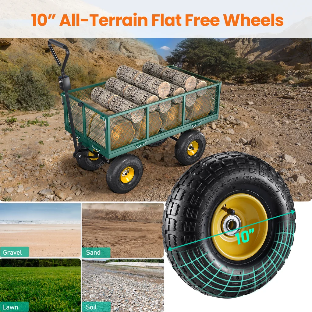 VECUKTY Heavy Duty Steel Dump Garden Cart with Liner, 900lbs Wagon 3 Cu ft 10 Wheel, Black