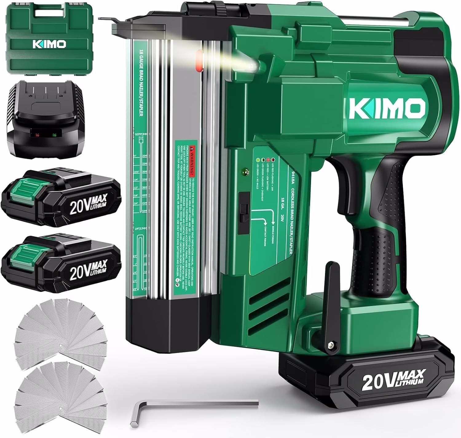 KIMO 18 Gauge Nail Gun Cordless with 20V Battery 2.0Ah X 2, 1000pcs Nails and Staples, 2 Firing Modes, 180 Nails/min, Adjustable Nailing Depth, 2 in 1 Cordless Brad Nailer and Stapler for DIY Project