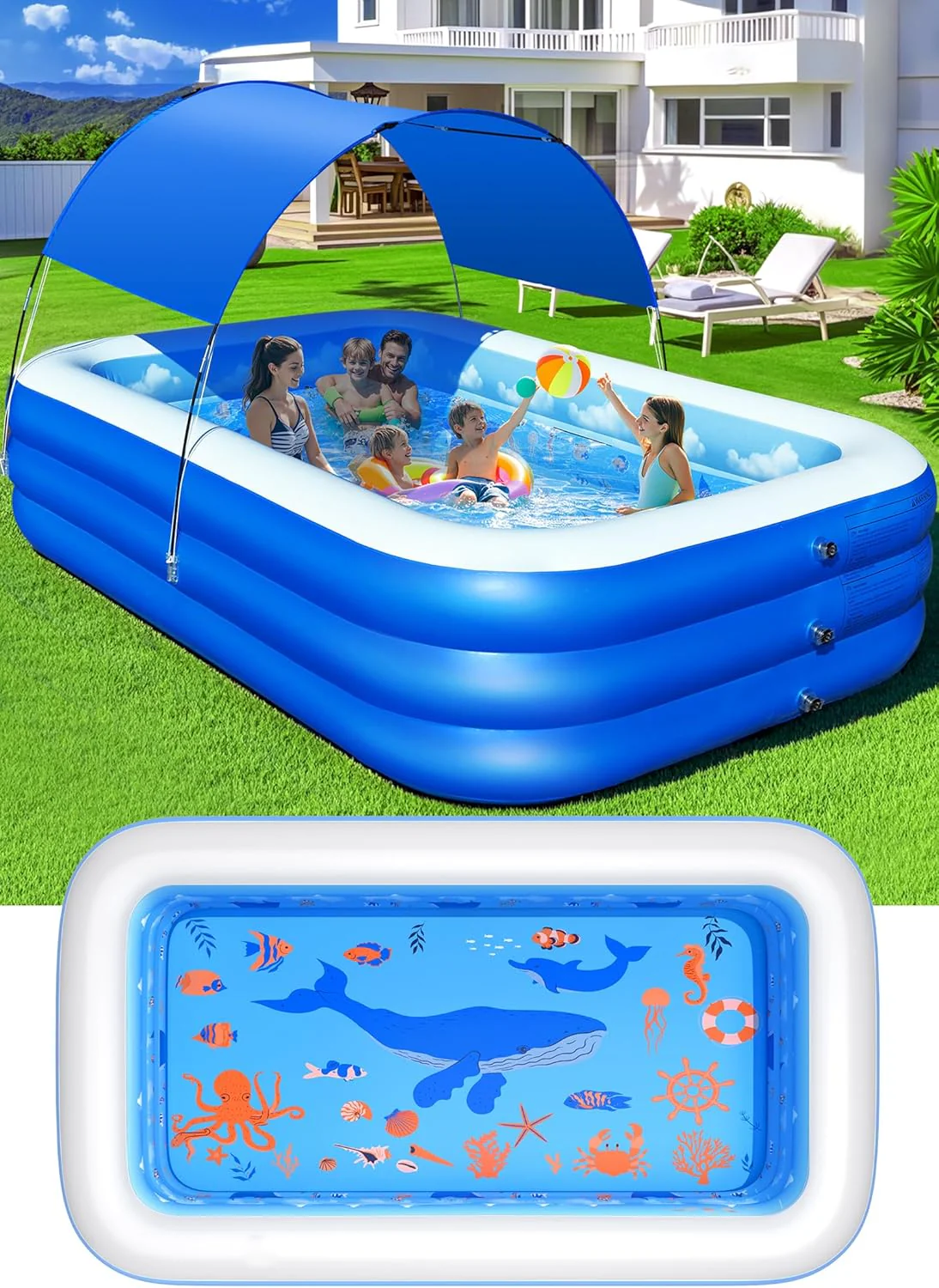 Piscine gonflable avec auvent, piscine gonflable améliorée pour enfants et adultes, grande piscine gonflable, thème océan, dimensions généreuses (267 x 190 x 64 cm), piscine familiale gonflable pour jardin - Bleu