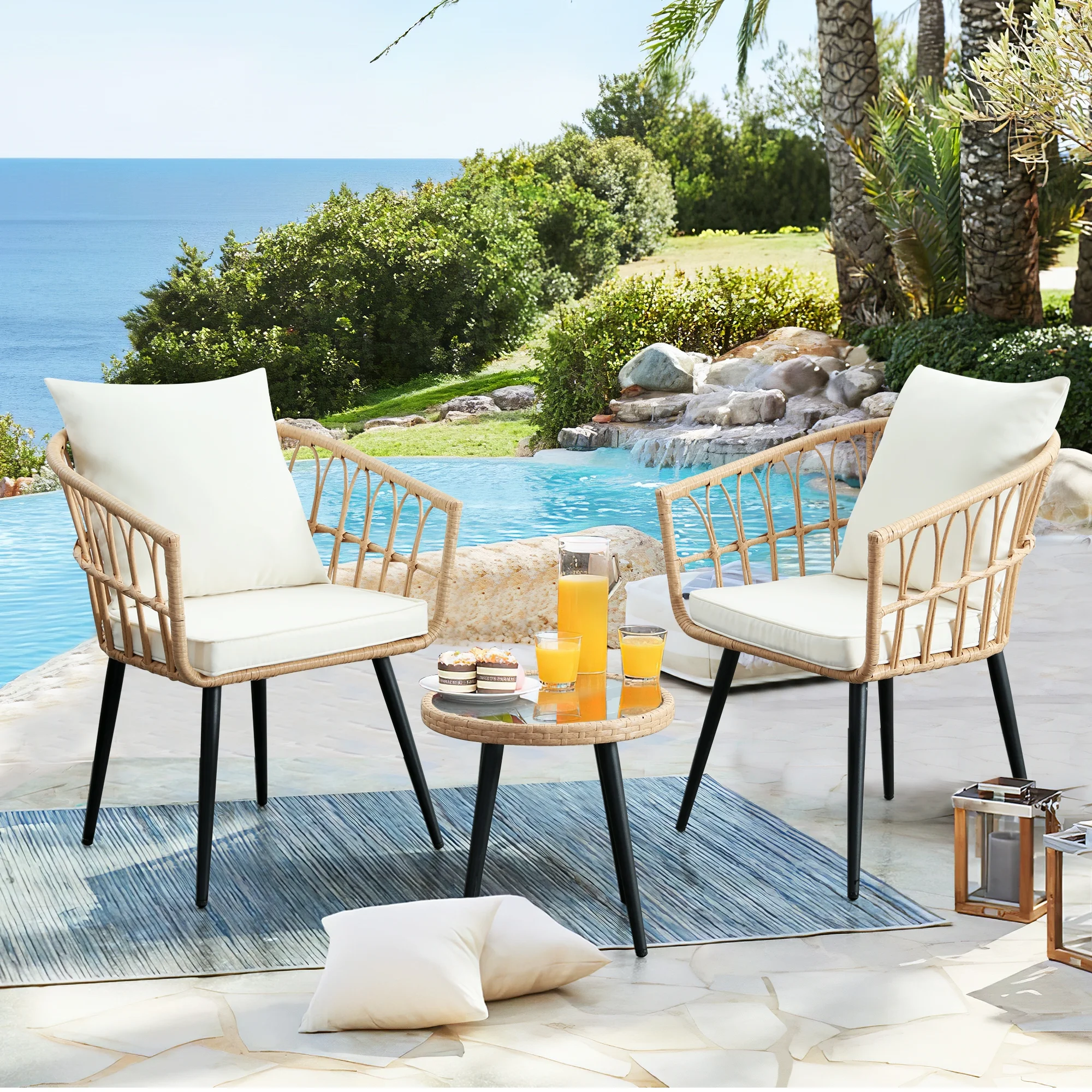 3 Piece Patio Bistro Set, Outdoor Wicker Apartment Balcony Furniture Sets, Rattan Table and Chairs Set of 2 for Porch Backyard Lawn Poolside Deck, Beige(3 PCS/Beige) Image 2