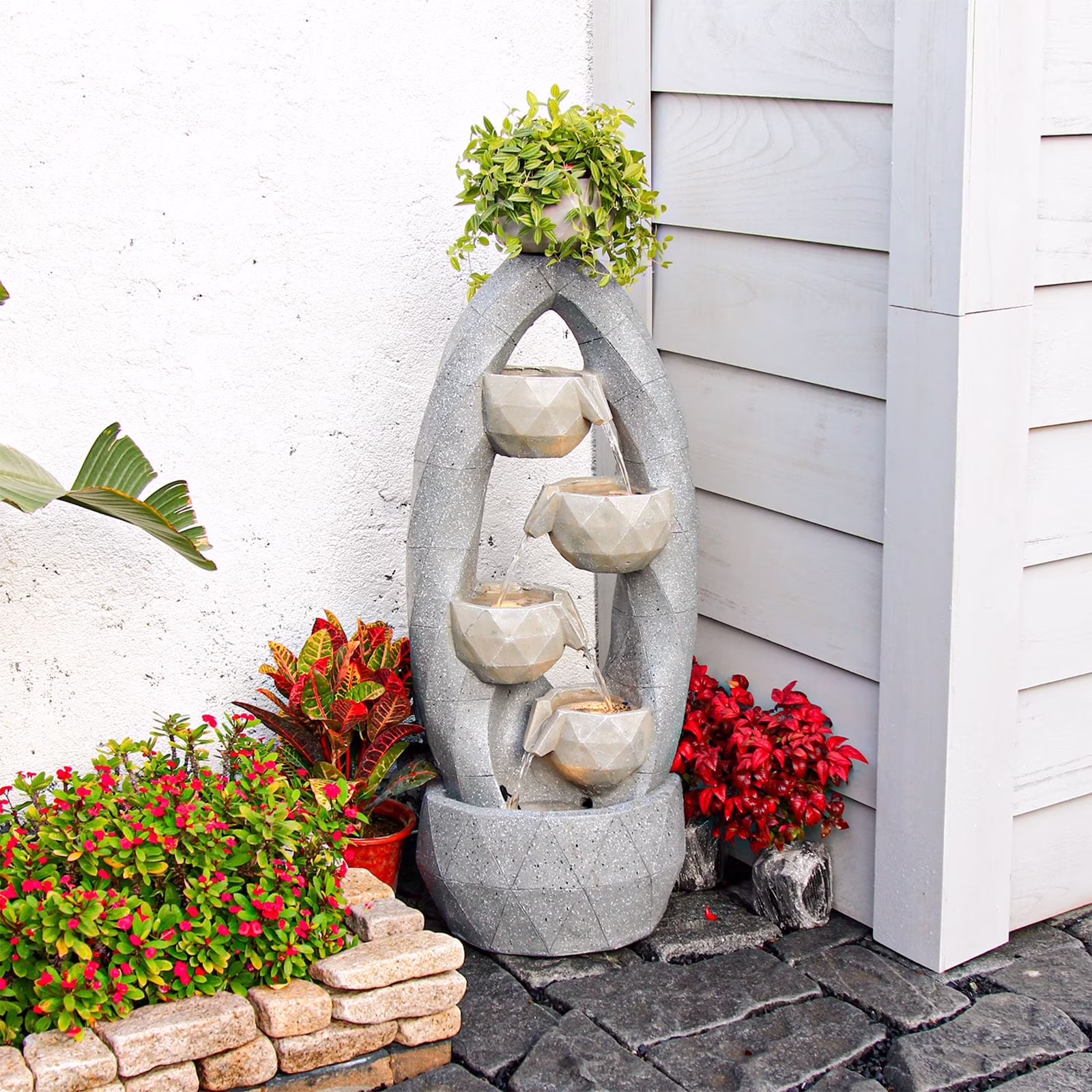 4-Tiered Water Fountain Outdoor Modern Circle Design Indoor Waterfall Garden Fountains Bowl Planter Water Feature with LED Light for Patio Yard Porch and Home Art Decor 45.87''H