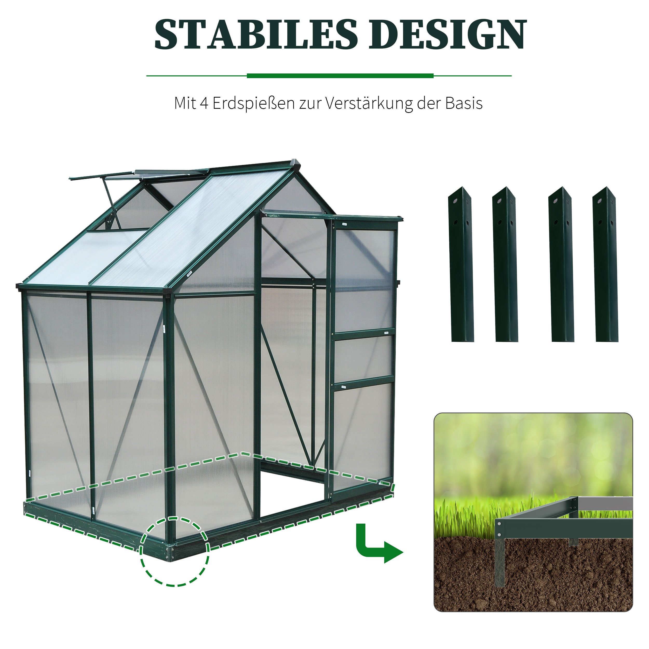 Outsunny kas aluminium kas met dakraam deur 190 x 132 x 201 cm plantenhuis met fundering inloop tomatenhuis weerbestendig polycarbonaat groen + transparant