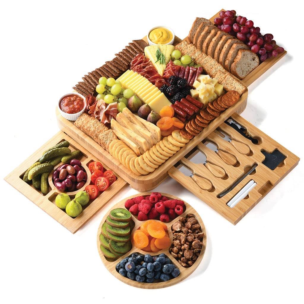 Bamboo Cheese and Meat Board - Simple Charcuterie Board with Serving Utensils, Cutlery, Trays, Ceramic Bowls - Charcuterie Boards for Wine Night,