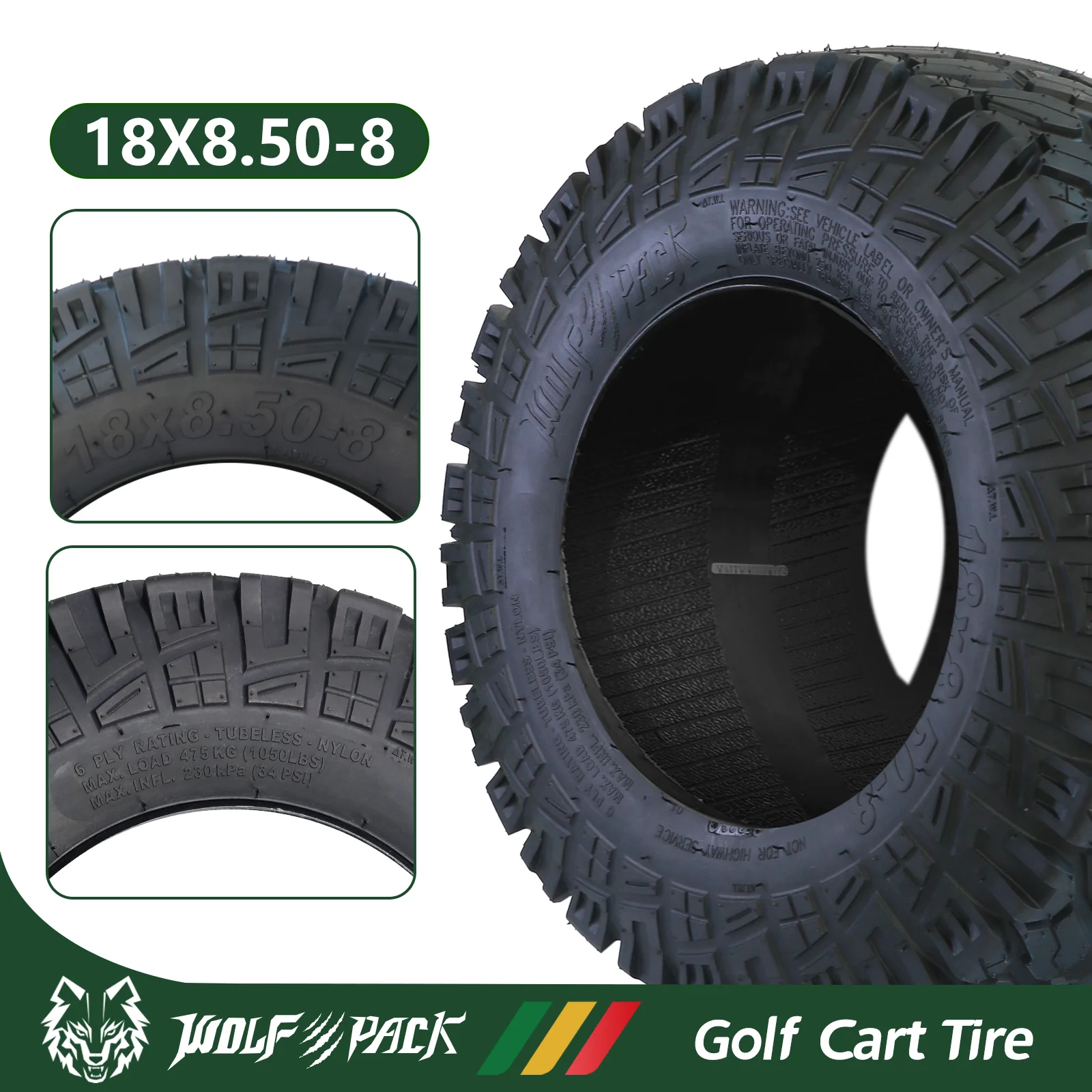 Set 4 WOLF PACK 18X8.50 - 8 Golf Cart Tires Non - Directional Tubeless Tire Multi - Terrain Tire with Superior Traction and Mud - Resistant Self - Cleaning Tread Design for Long - Lasting Performance