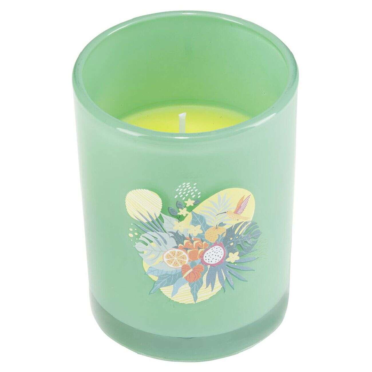 Bougie citronnelle pot en verre coloré motif tropical 28H - Ø13xH8cm