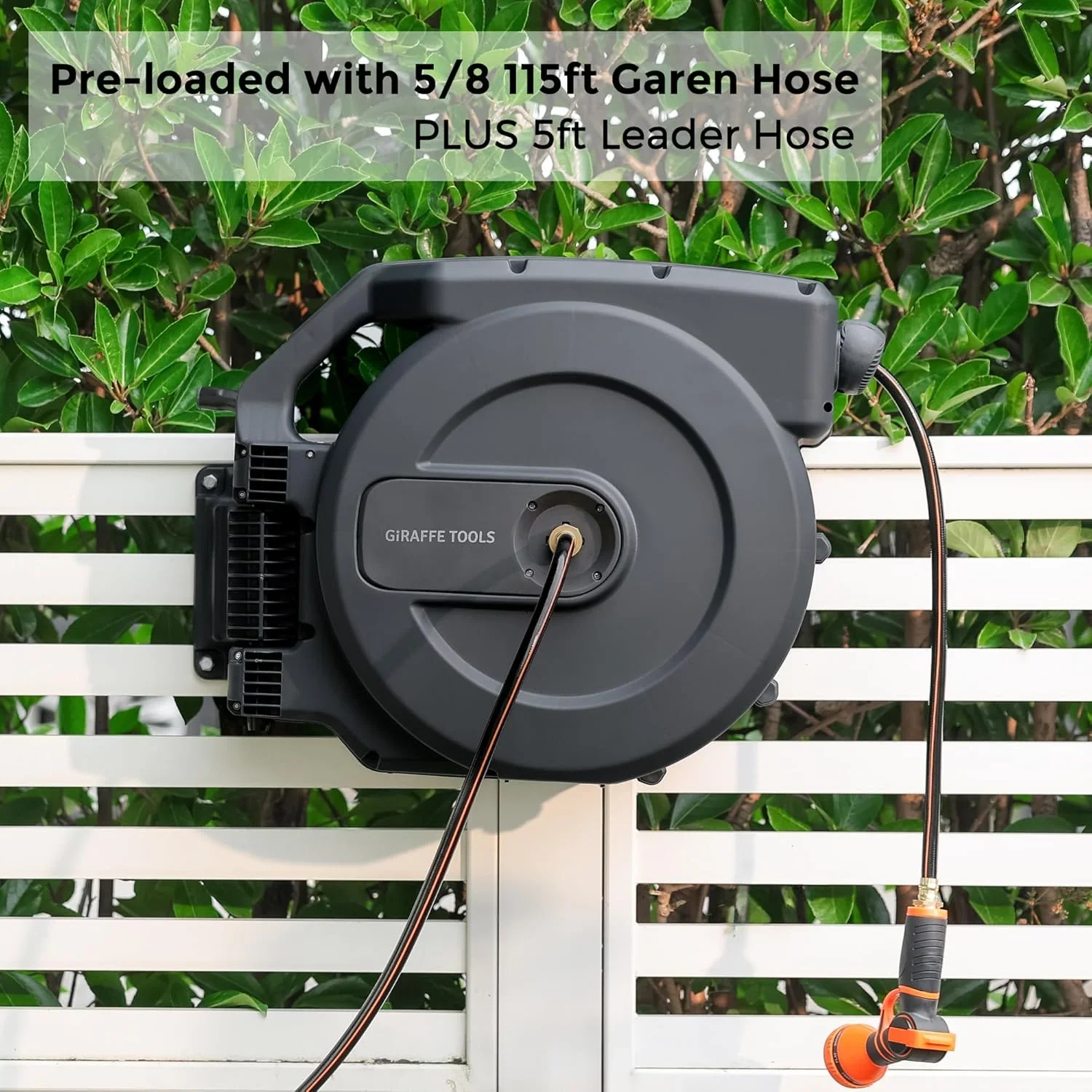 Giraffe Tools Retractable Garden Hose Reel with 1/2in-100ft Water Hose, Plastic Bracket, Wall Mounted, Dark Grey