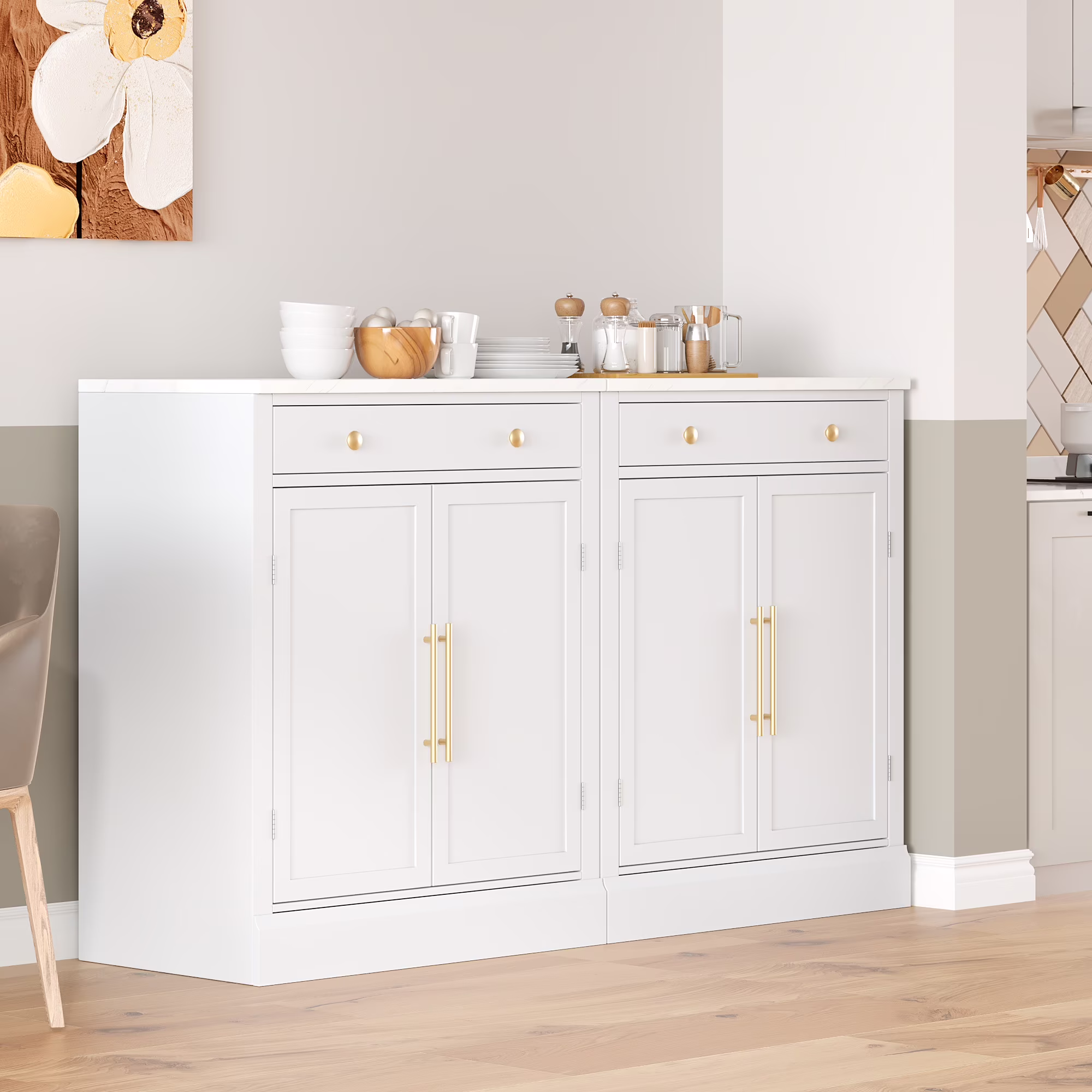 Modern Freestanding Kitchen Pantry,Buffet Food Storage, Coffee Bar Cabinet with Drawer, 2 Adjustable Shelves and 2 Door Shelves for Dining, Kitchen,White(White)