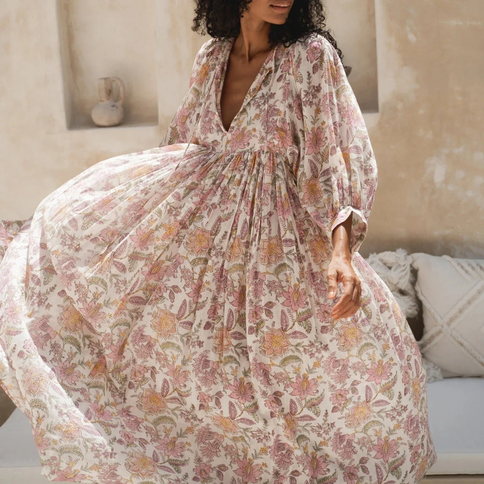 Robe Longue Bohème Femme à Manches Bouffantes - Idéale Été Élégante