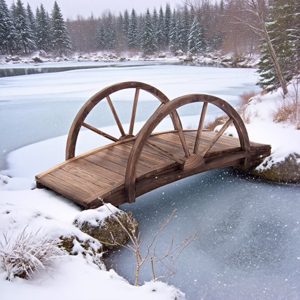 (HRR LTD)--3.3ft Wooden Garden Bridge Footbridge With Half-Wheel Style Railings & Solid Fir Construction, Stained Wood-LK LTD--(sd45r4e8 )