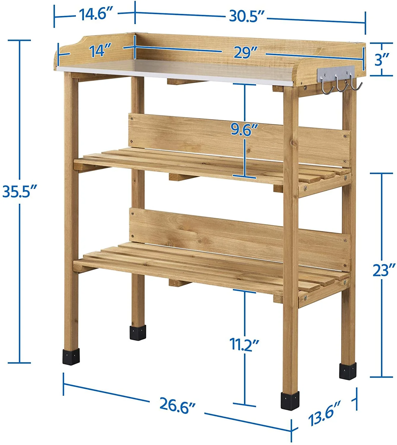 Outdoor Garden Potting Bench Table Wooden Horticulture Planting Worstation w/Metal Tabletop/Storage Shelf/3 Hooks, Natural Wood - Image 3