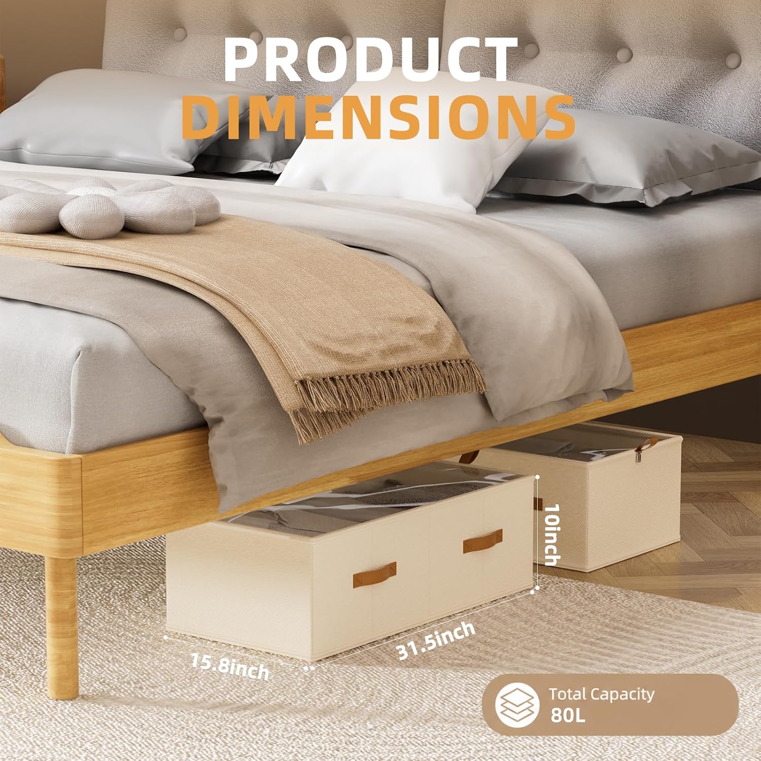 FHSQX 4 Pack Under Bed Storage Bins, 10 Inch Tall, Beige, 31.5x15.8x10 inch